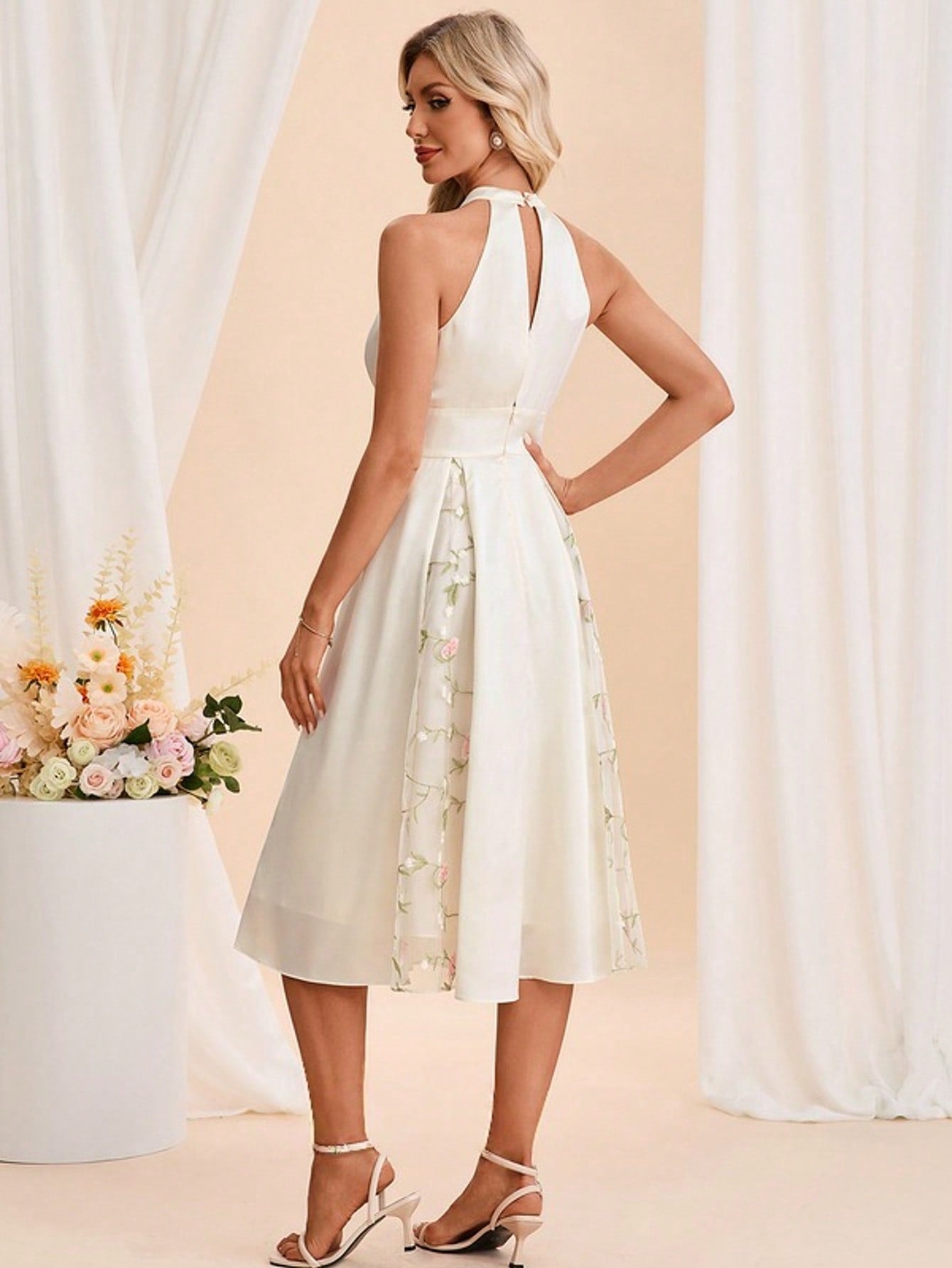 Halter Sleeveless A-Line Jacquard Satin Midi Dress