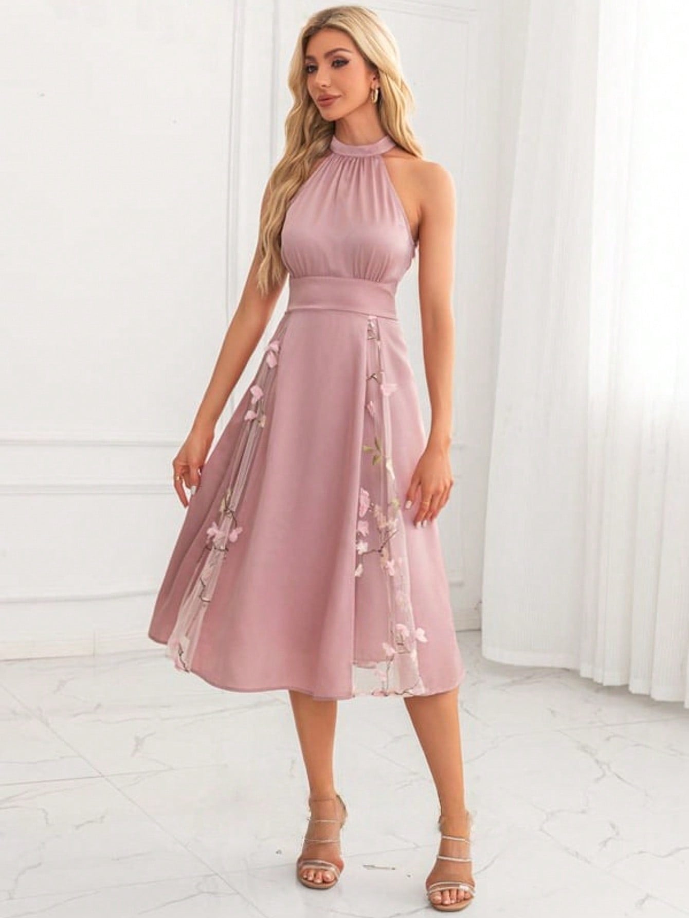 Halter Sleeveless A-Line Jacquard Satin Midi Dress