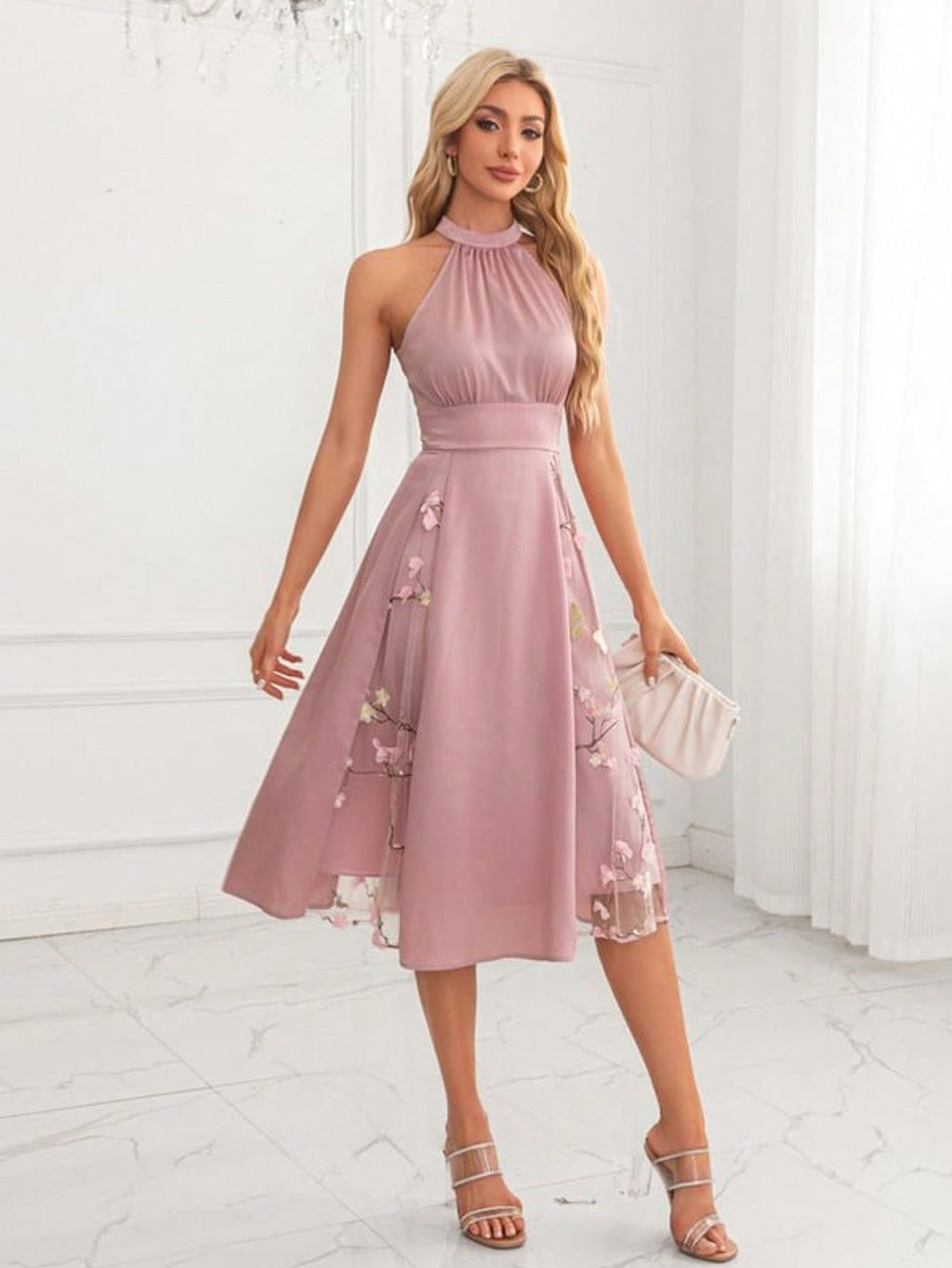 Halter Sleeveless A-Line Jacquard Satin Midi Dress