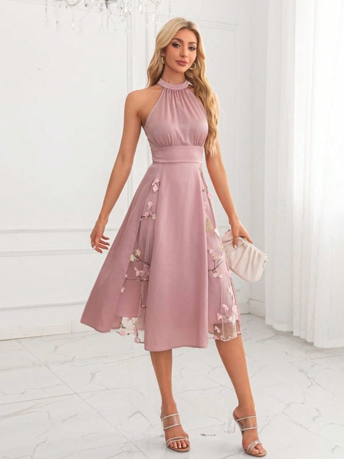Halter Sleeveless A-Line Jacquard Satin Midi Dress