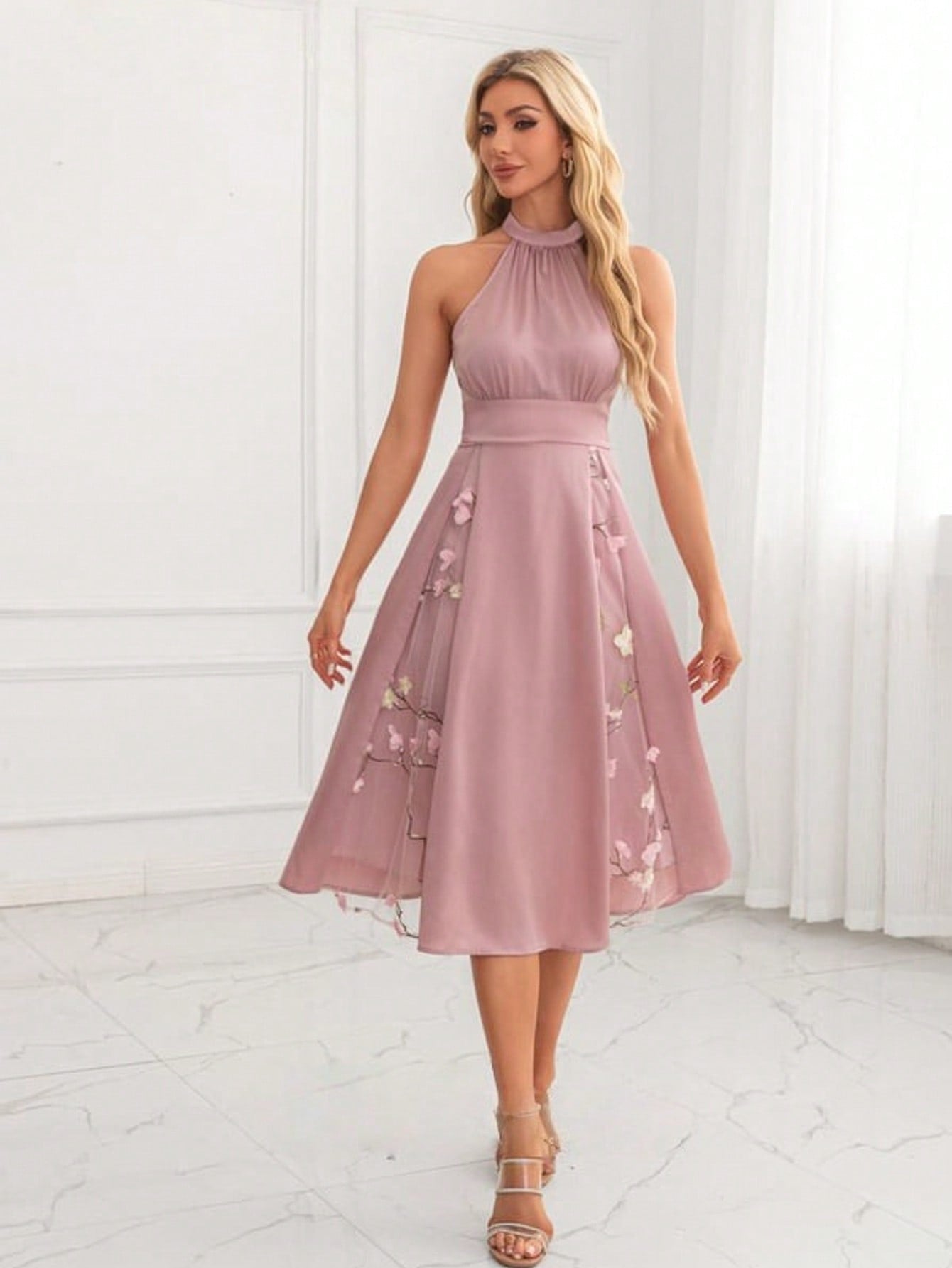 Halter Sleeveless A-Line Jacquard Satin Midi Dress