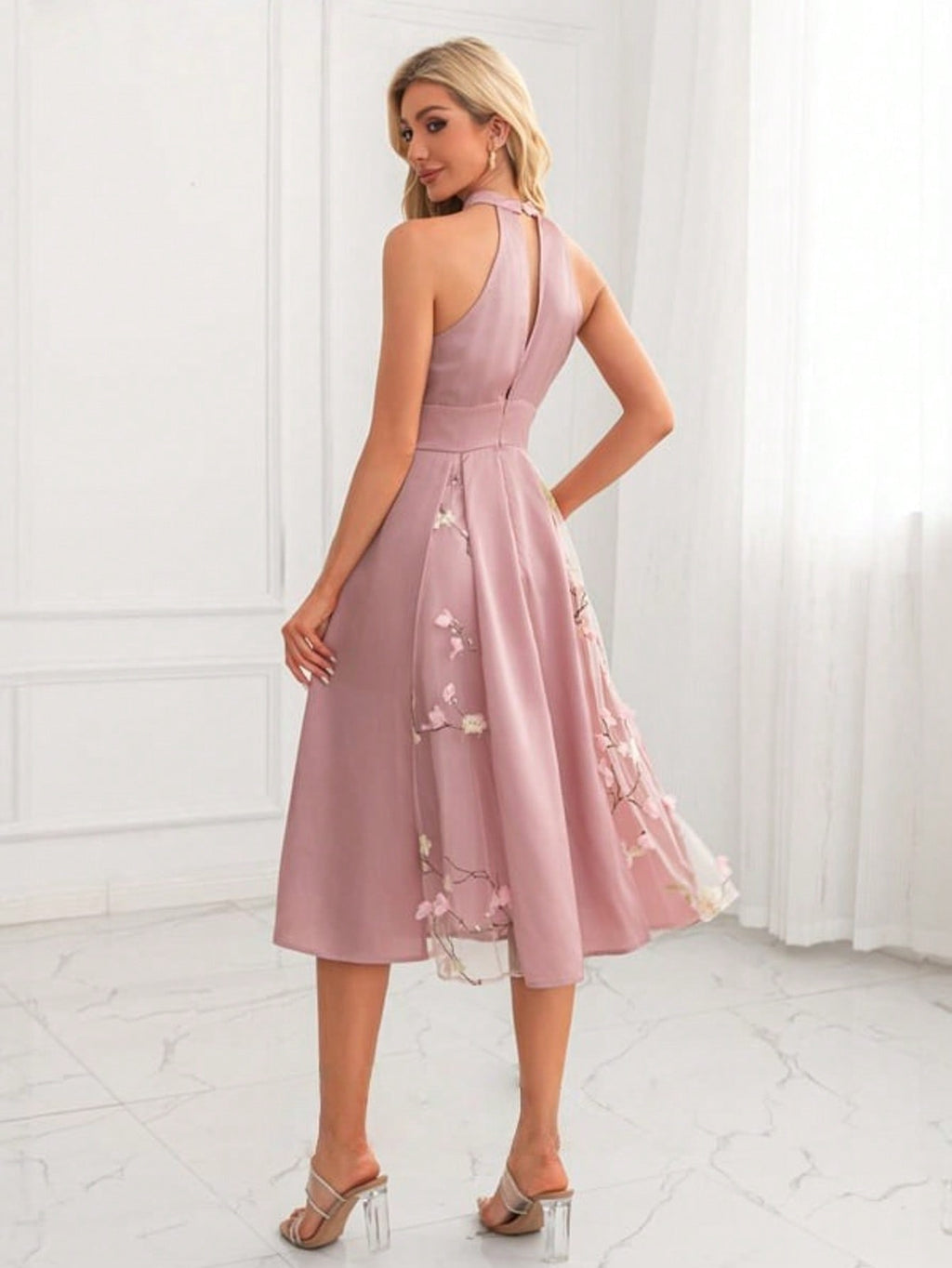 Halter Sleeveless A-Line Jacquard Satin Midi Dress