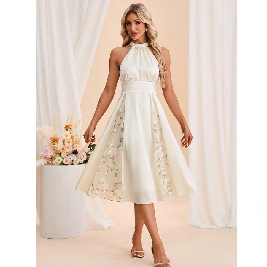 Halter Sleeveless A-Line Jacquard Satin Midi Dress