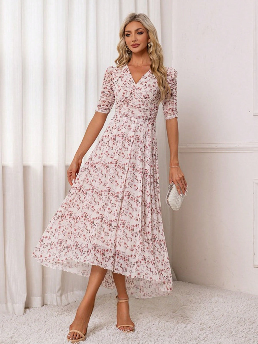 Floral Print V-Neck Short Sleeve A-Line Spandex Asymmetrical Maxi Dress