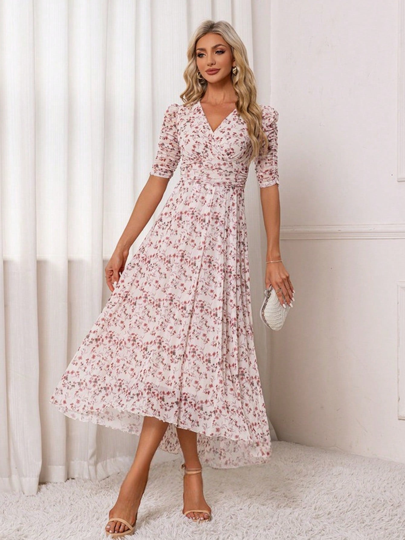 Floral Print V-Neck Short Sleeve A-Line Spandex Asymmetrical Maxi Dress