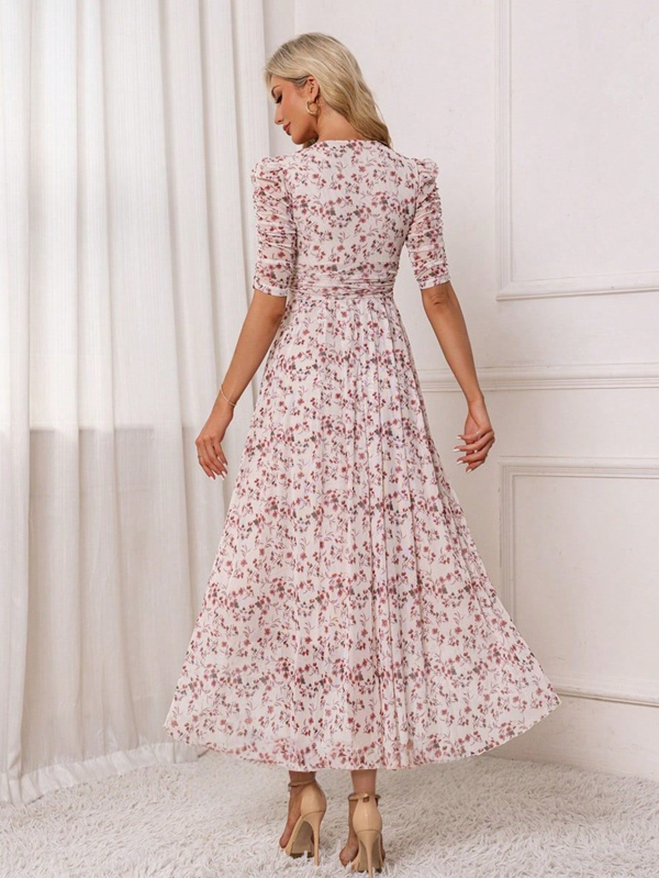 Floral Print V-Neck Short Sleeve A-Line Spandex Asymmetrical Maxi Dress