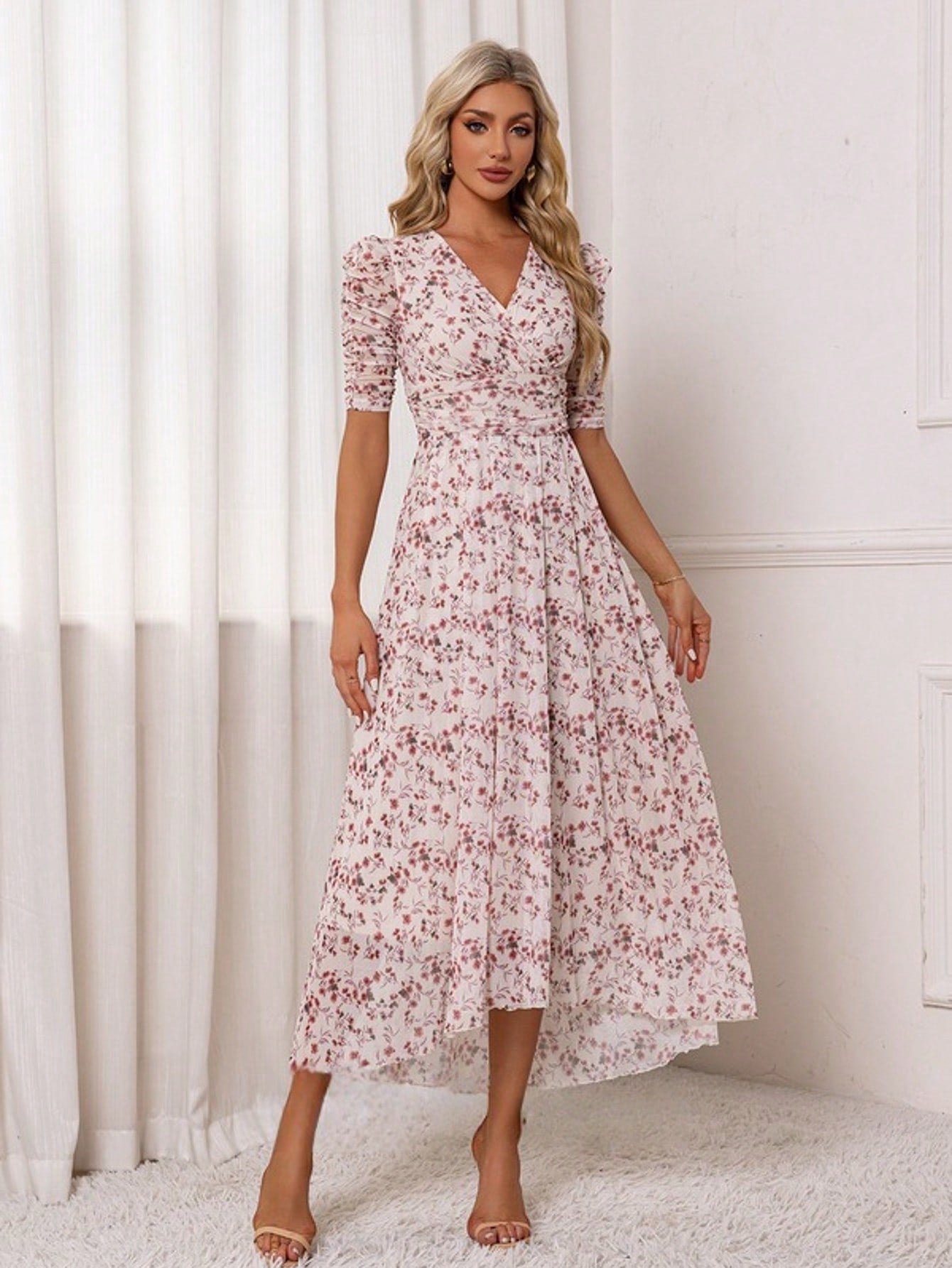 Floral Print V-Neck Short Sleeve A-Line Spandex Asymmetrical Maxi Dress