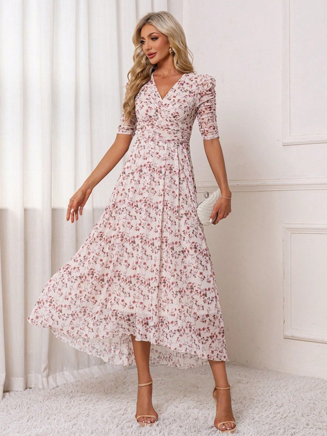 Floral Print V-Neck Short Sleeve A-Line Spandex Asymmetrical Maxi Dress