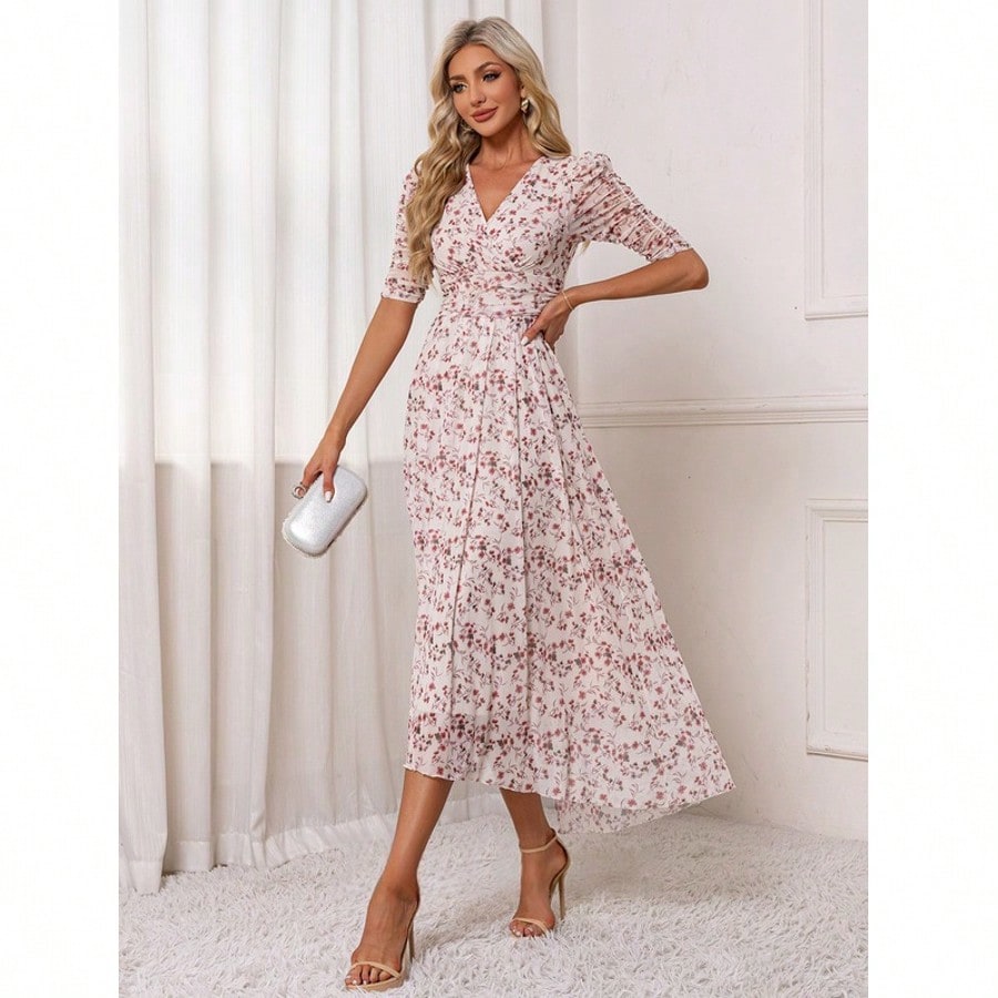 Floral Print V-Neck Short Sleeve A-Line Spandex Asymmetrical Maxi Dress