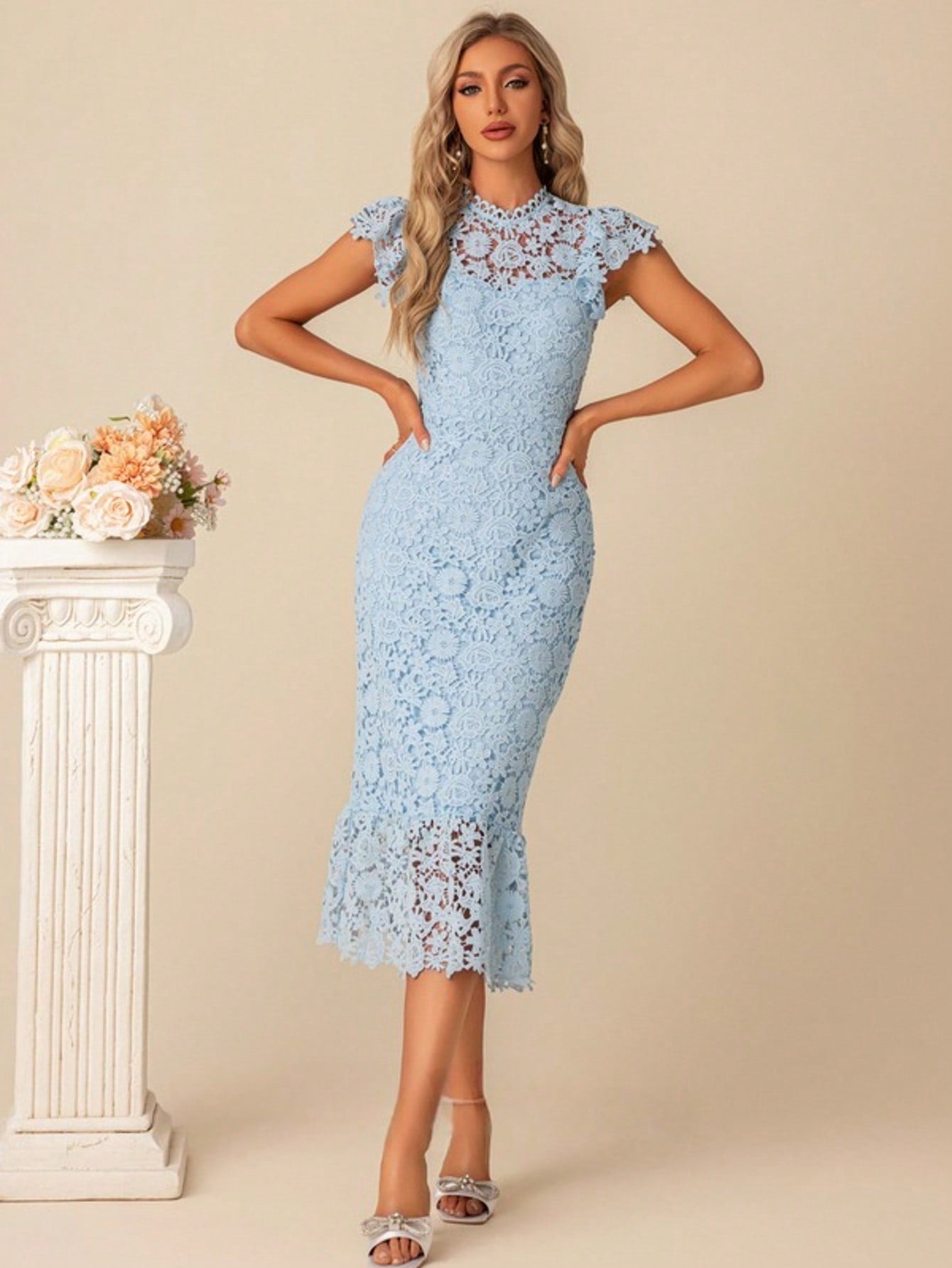 Trumpet/Mermaid High Neck Illusion Tea-Length Lace Cocktail Dress