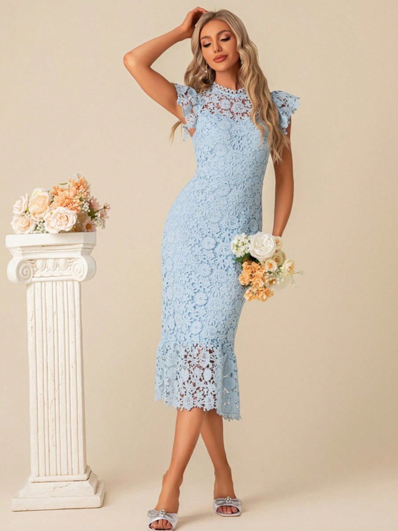 Trumpet/Mermaid High Neck Illusion Tea-Length Lace Cocktail Dress