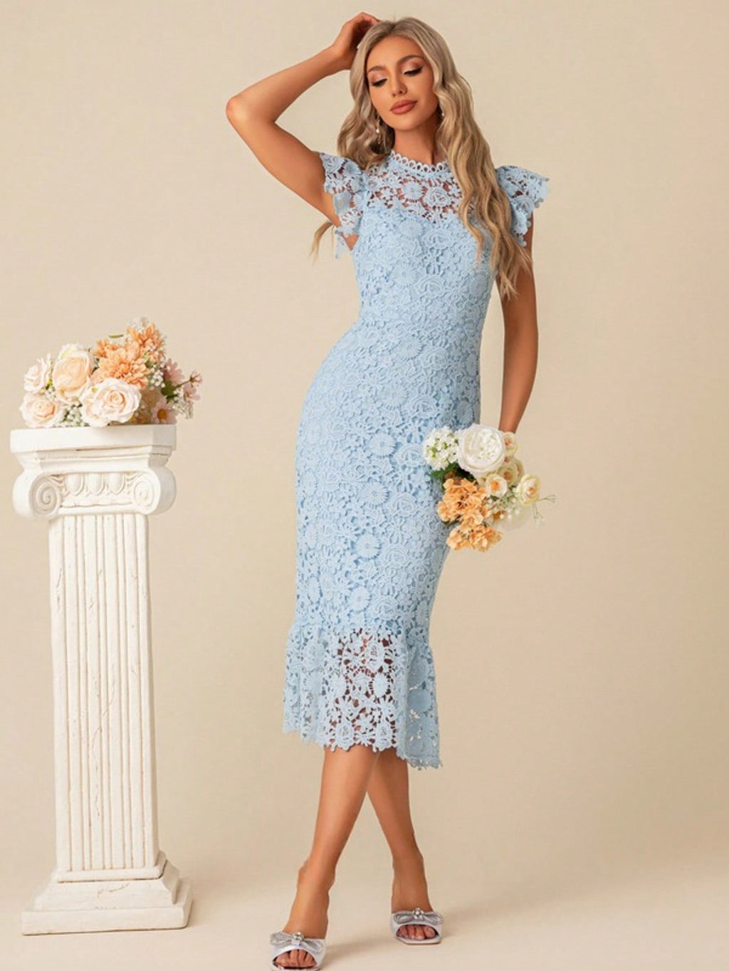 Trumpet/Mermaid High Neck Illusion Tea-Length Lace Cocktail Dress