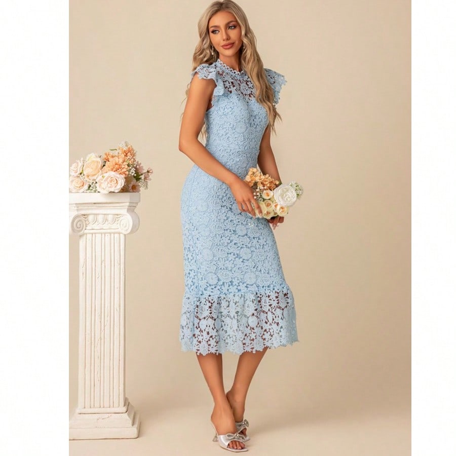 Trumpet/Mermaid High Neck Illusion Tea-Length Lace Cocktail Dress