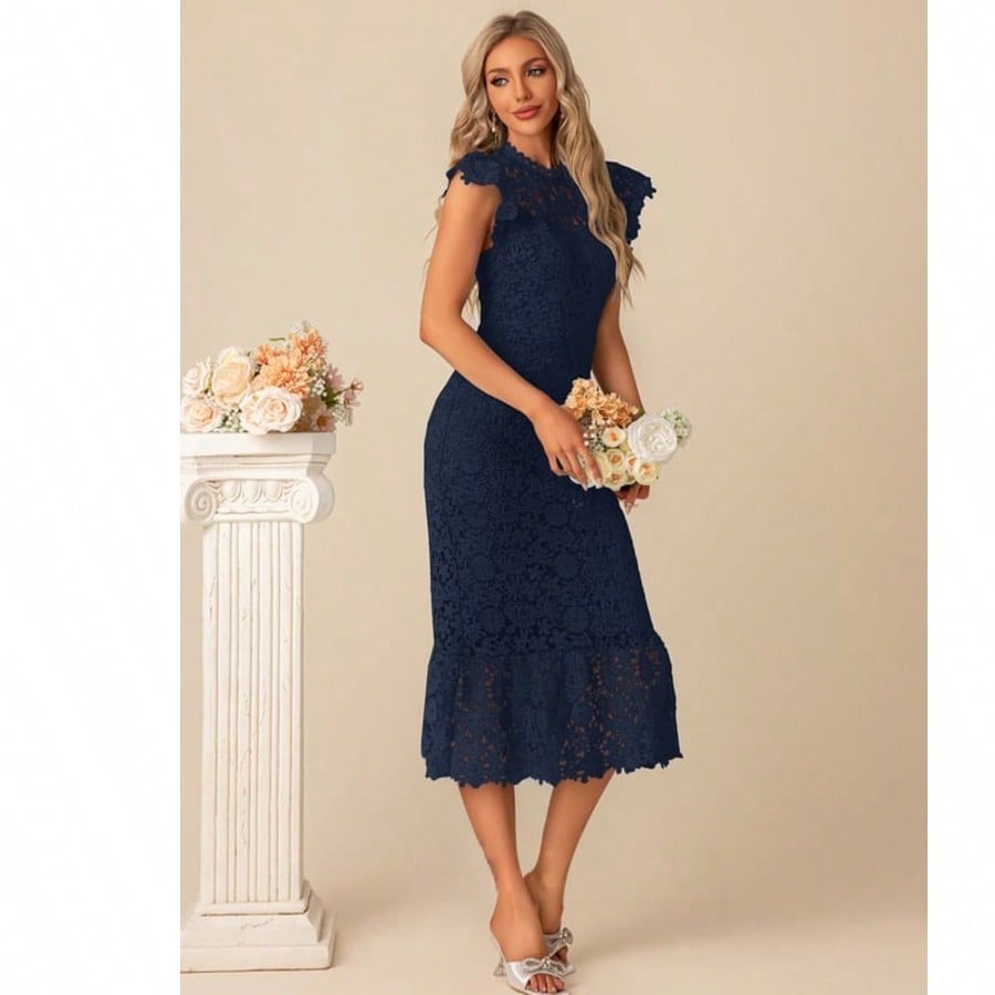 Trumpet/Mermaid High Neck Illusion Tea-Length Lace Cocktail Dress