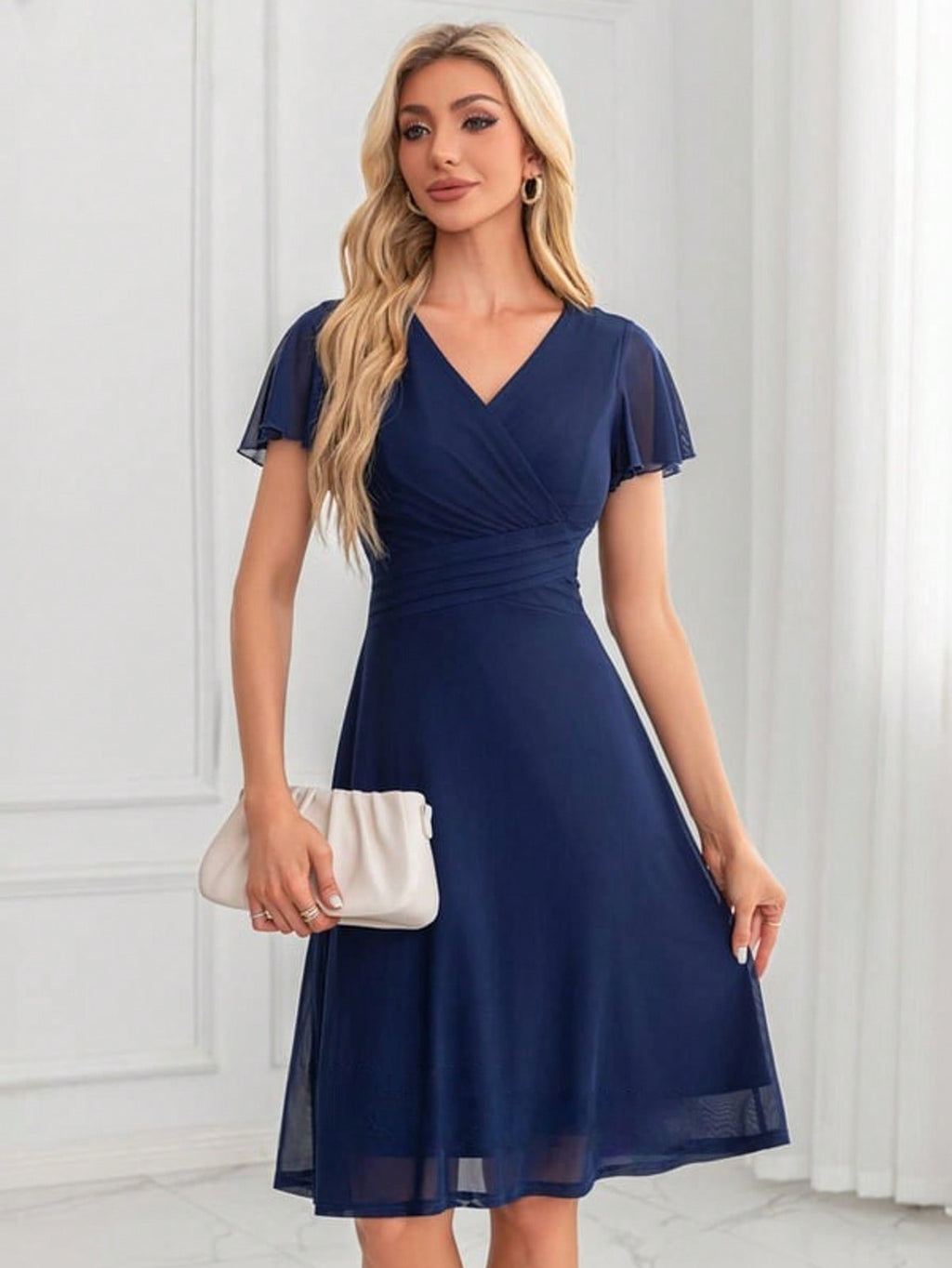 V-Neck A-Line Spandex Midi Dress