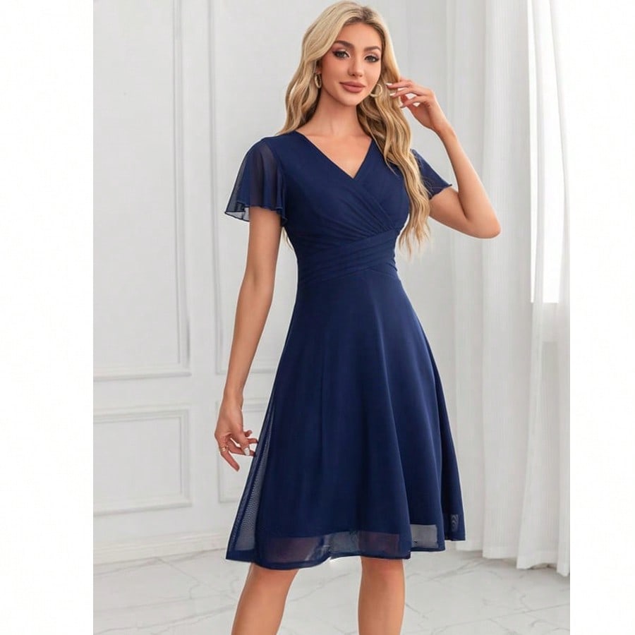 V-Neck A-Line Spandex Midi Dress