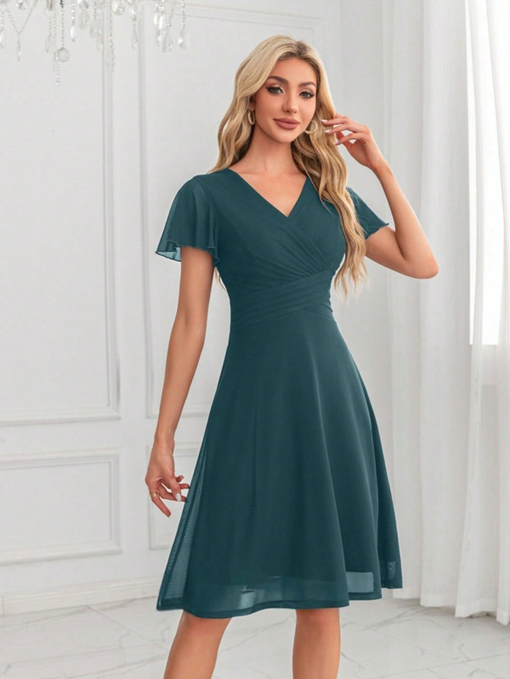 V-Neck A-Line Spandex Midi Dress