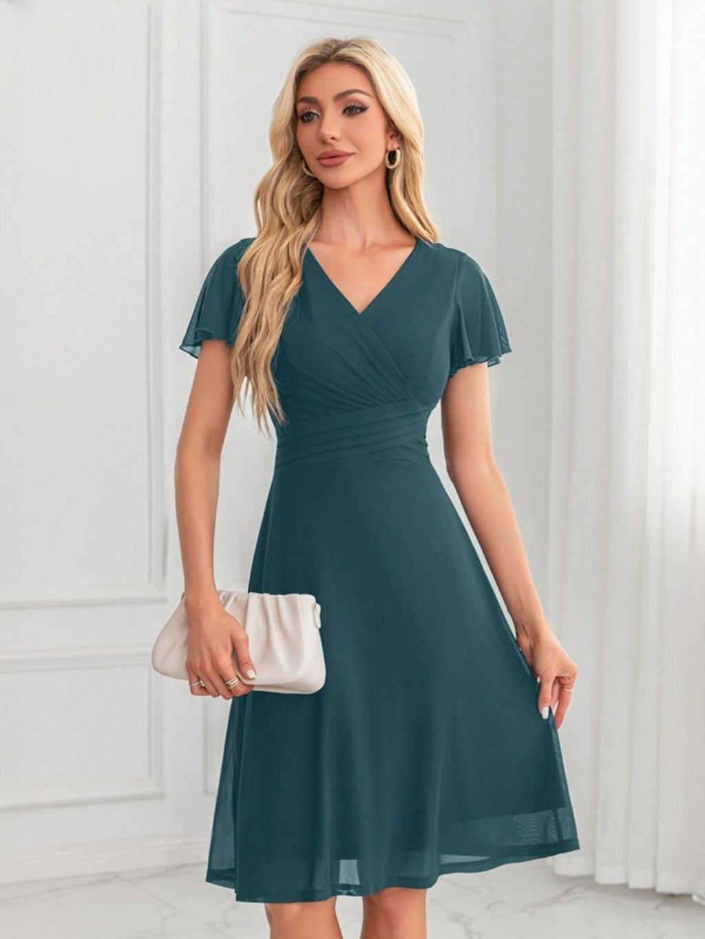 V-Neck A-Line Spandex Midi Dress