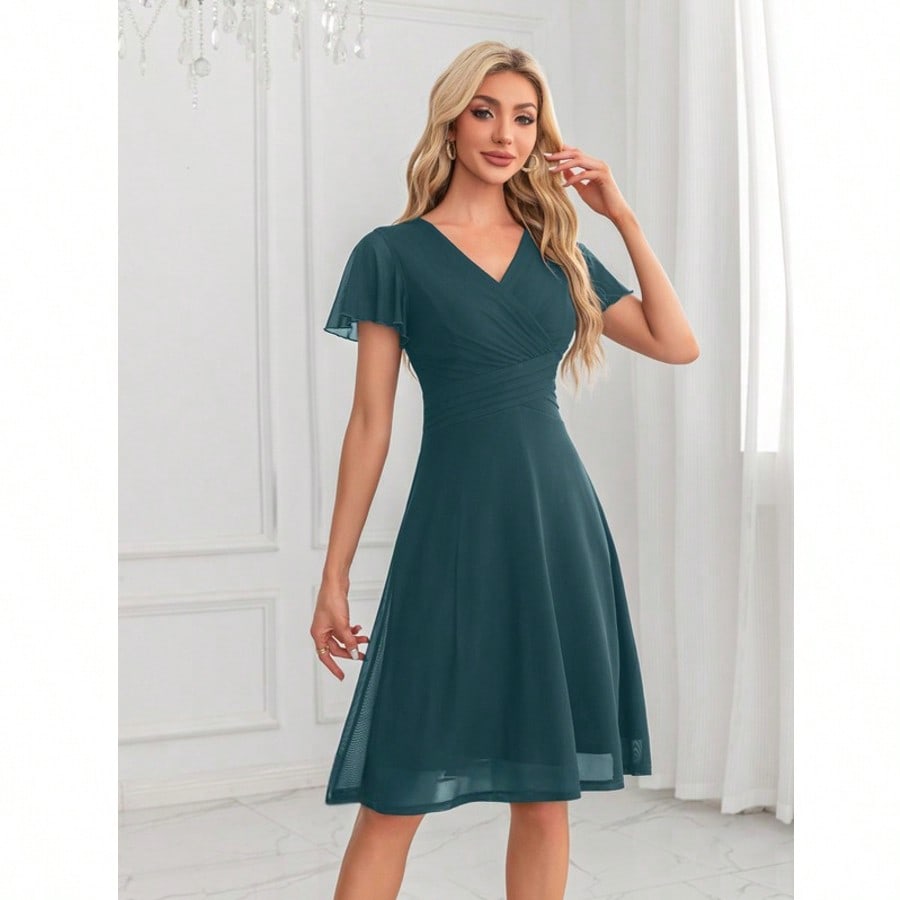 V-Neck A-Line Spandex Midi Dress