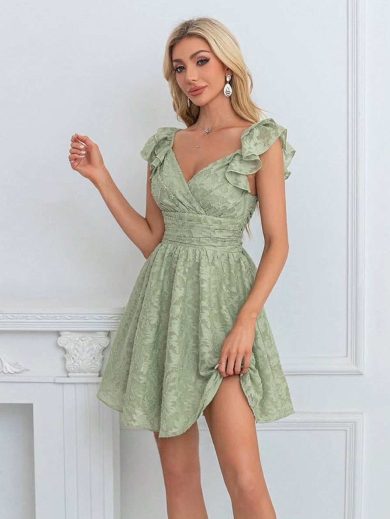 Bow V-Neck Sleeveless A-Line Chiffon Jacquard Mini Dress