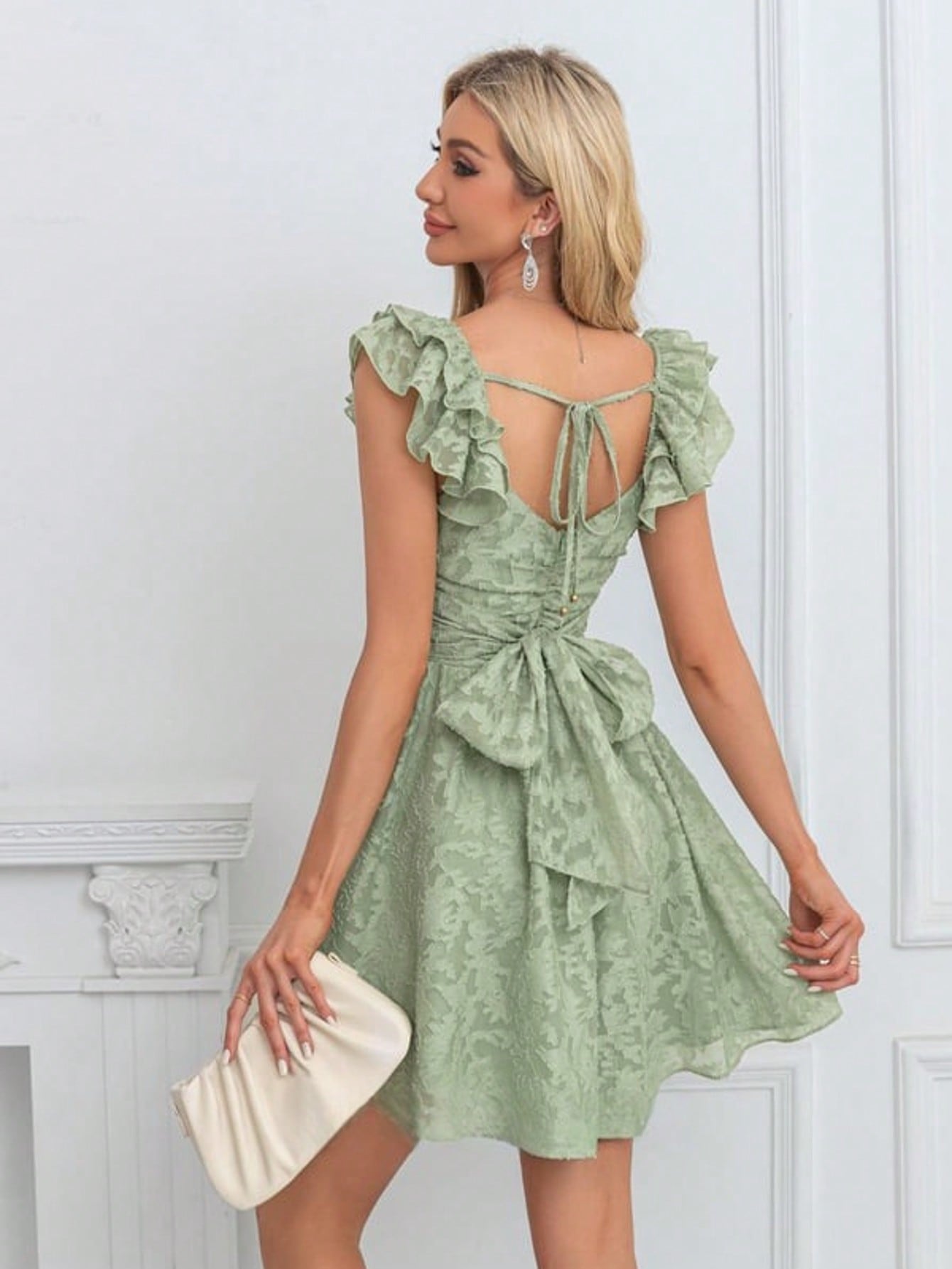 Bow V-Neck Sleeveless A-Line Chiffon Jacquard Mini Dress