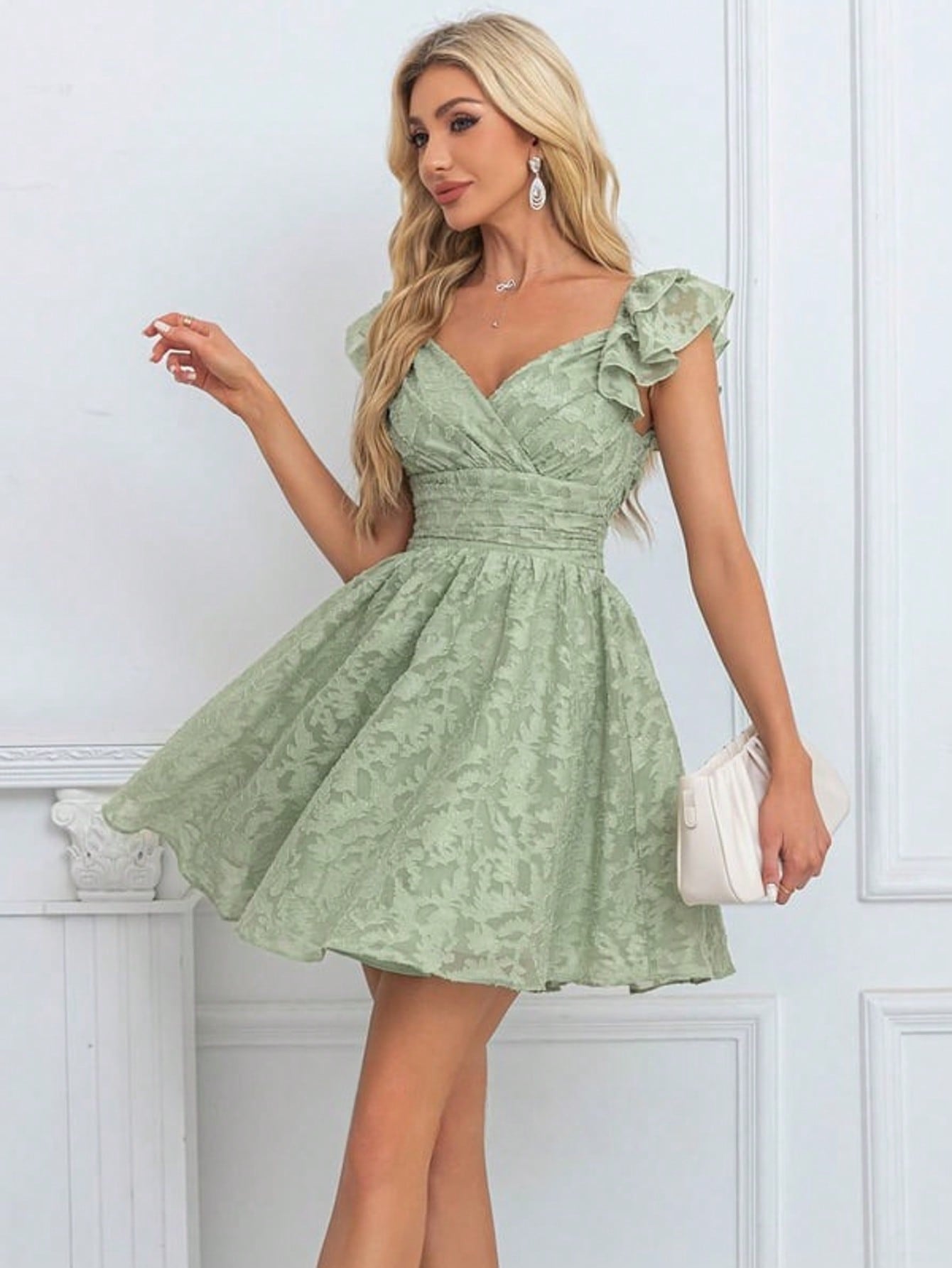 Bow V-Neck Sleeveless A-Line Chiffon Jacquard Mini Dress