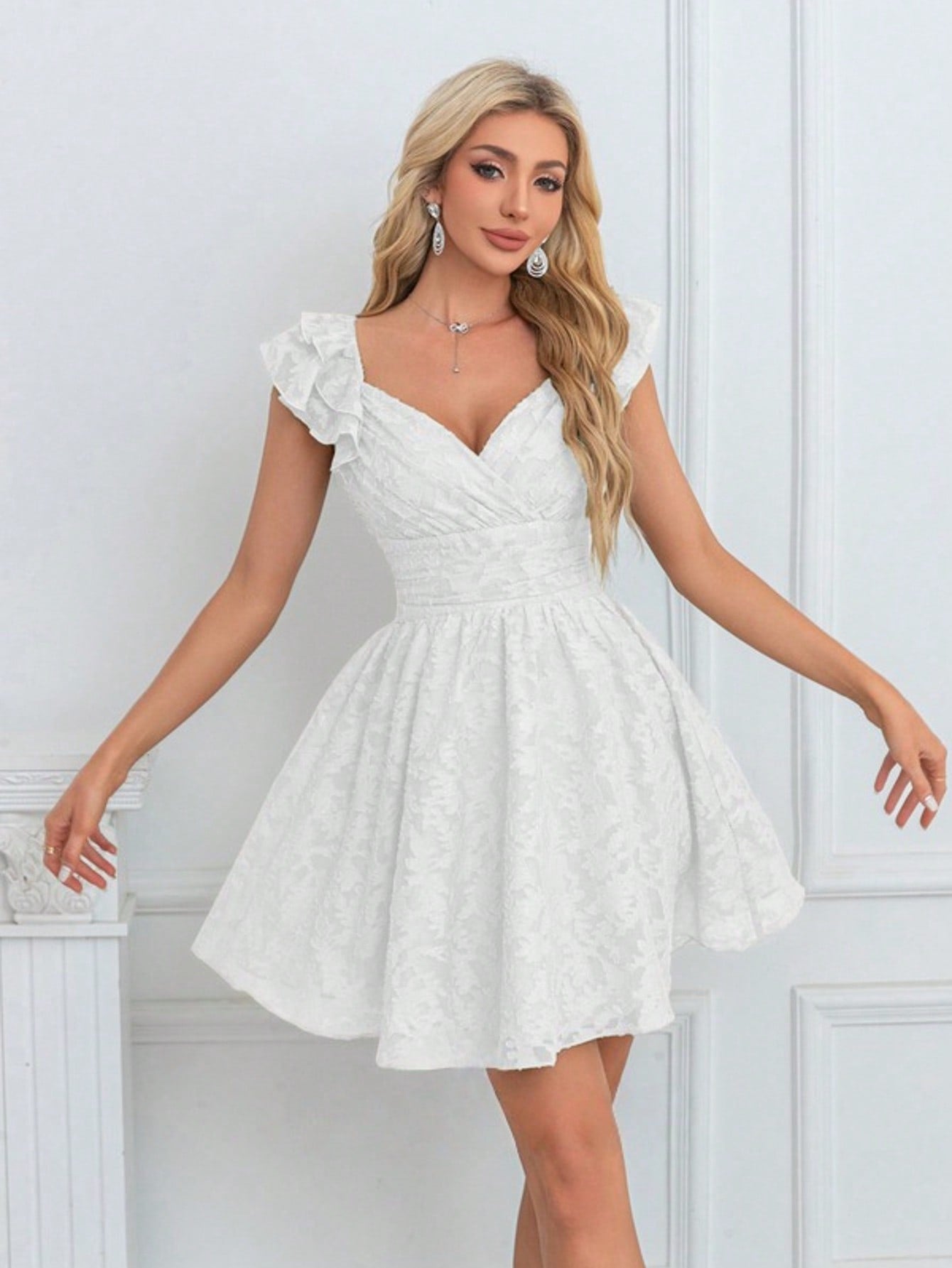 Bow V-Neck Sleeveless A-Line Chiffon Jacquard Mini Dress