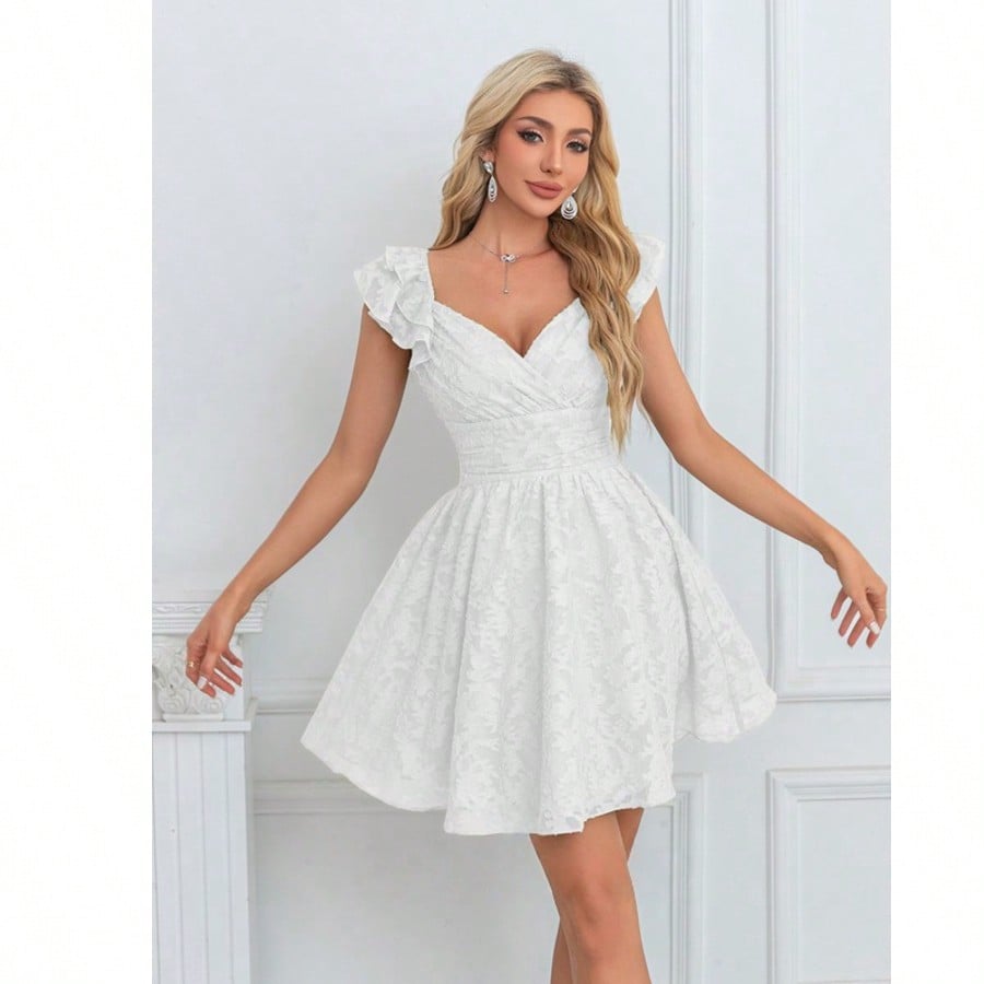 Bow V-Neck Sleeveless A-Line Chiffon Jacquard Mini Dress