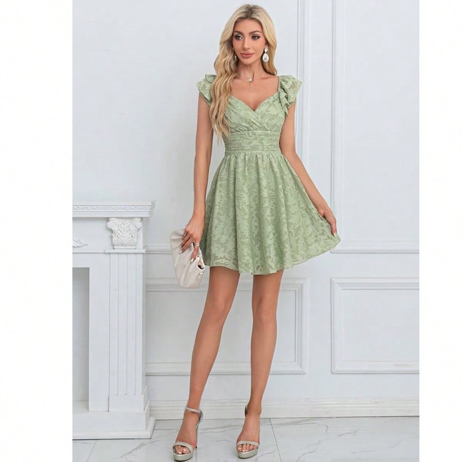 Bow V-Neck Sleeveless A-Line Chiffon Jacquard Mini Dress