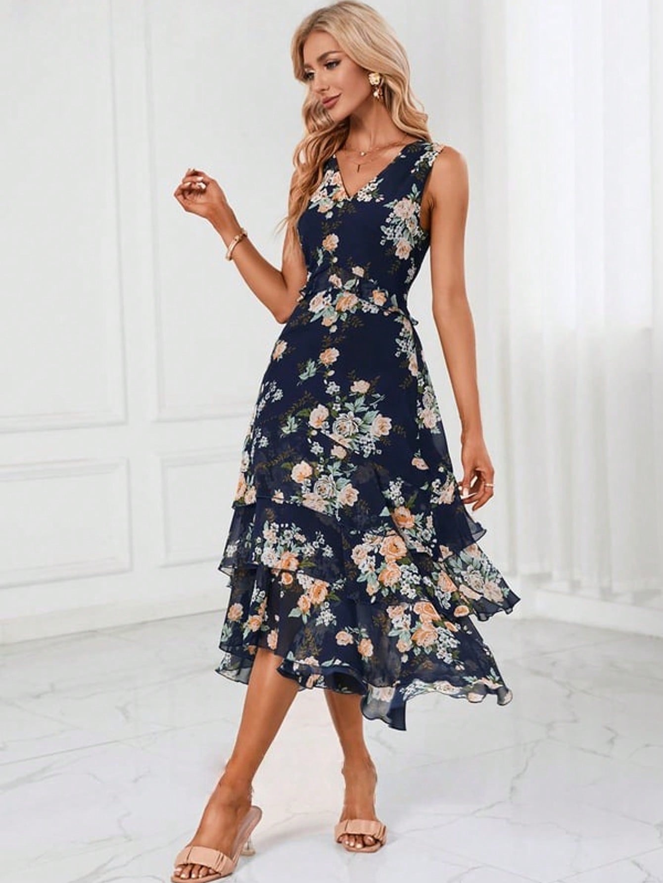 Cascading Ruffles Floral Print V-Neck A-Line Chiffon Midi Dress
