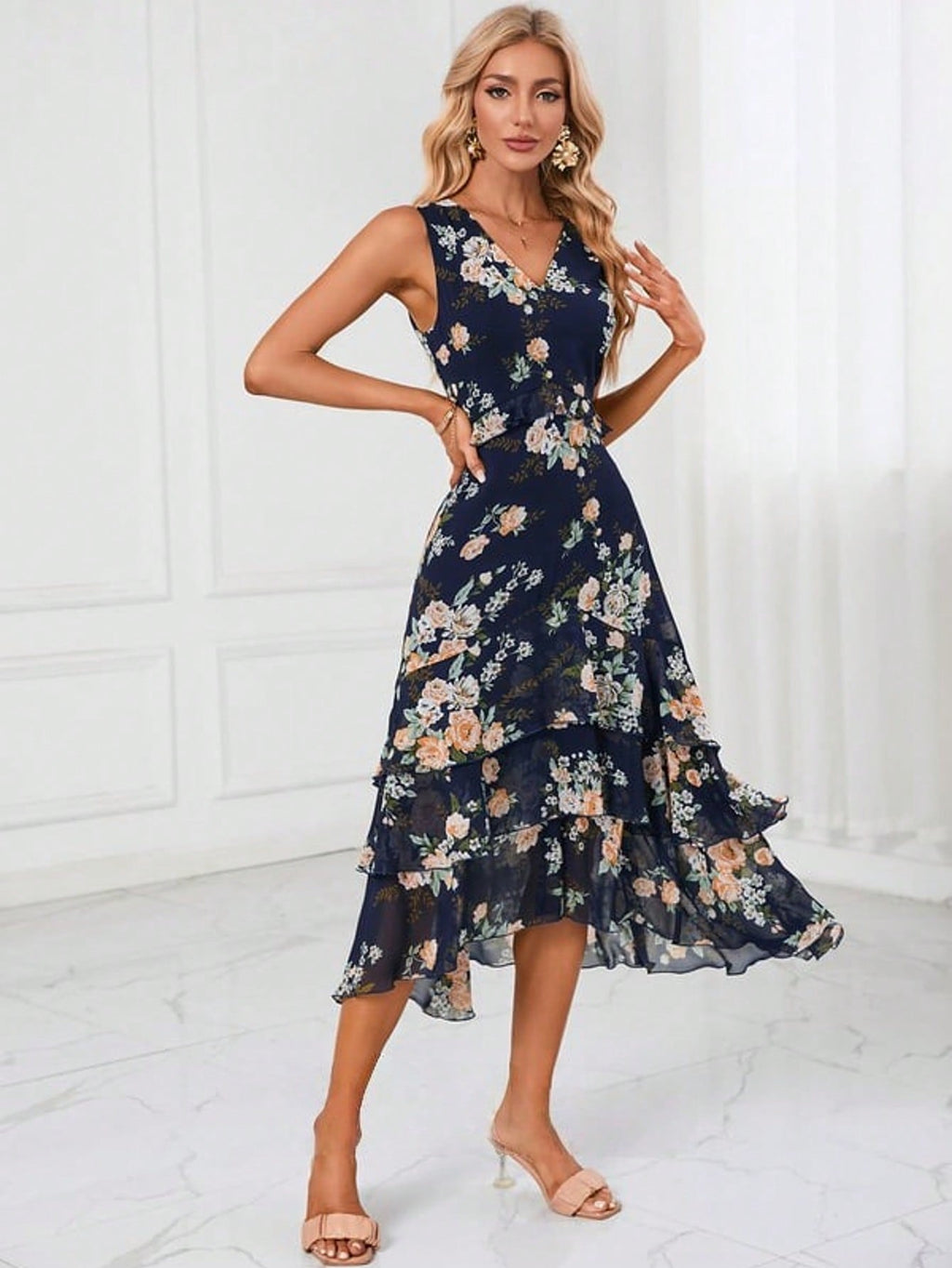 Cascading Ruffles Floral Print V-Neck A-Line Chiffon Midi Dress