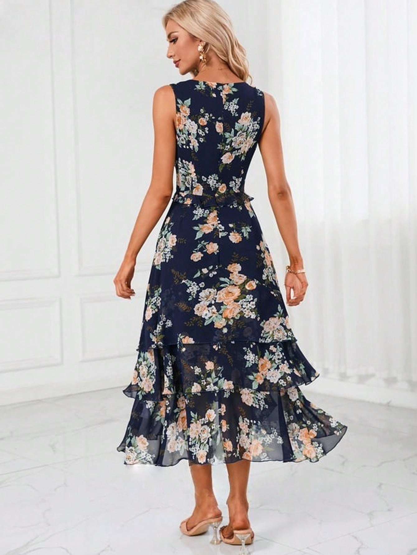 Cascading Ruffles Floral Print V-Neck A-Line Chiffon Midi Dress