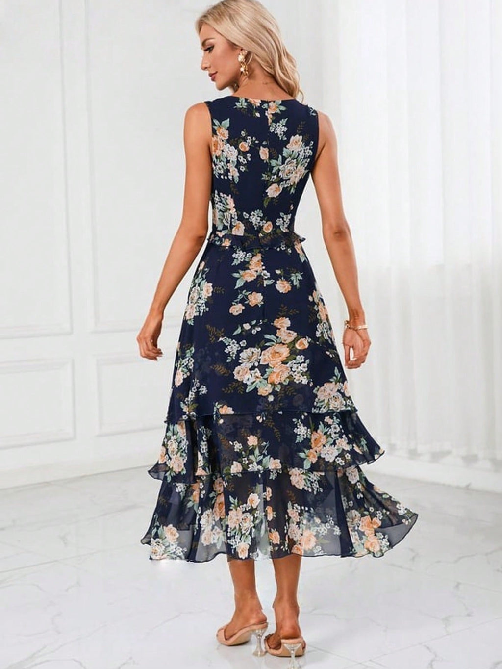 Cascading Ruffles Floral Print V-Neck A-Line Chiffon Midi Dress