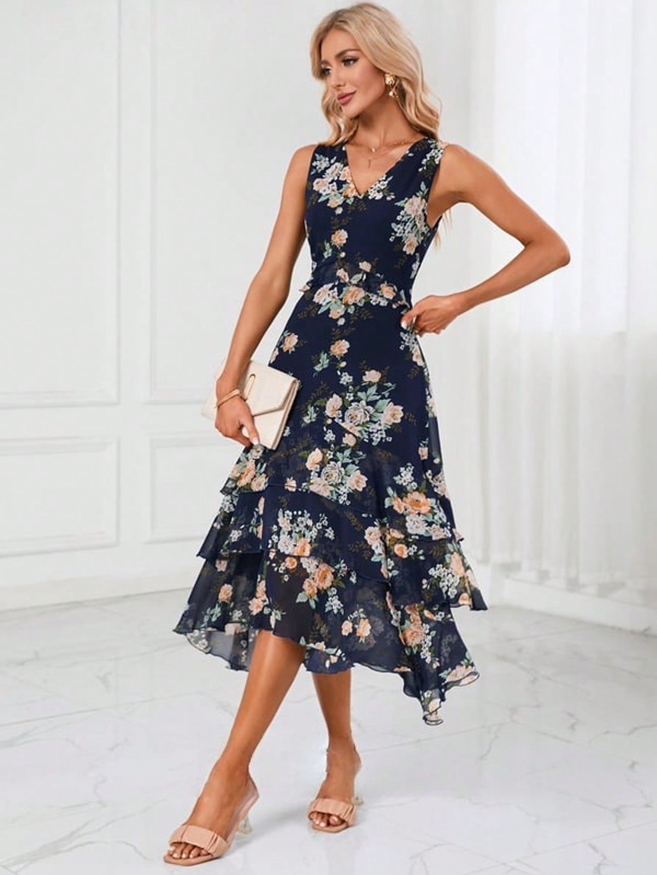 Cascading Ruffles Floral Print V-Neck A-Line Chiffon Midi Dress