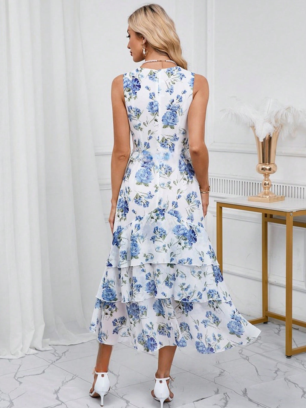 Cascading Ruffles Floral Print V-Neck A-Line Chiffon Midi Dress