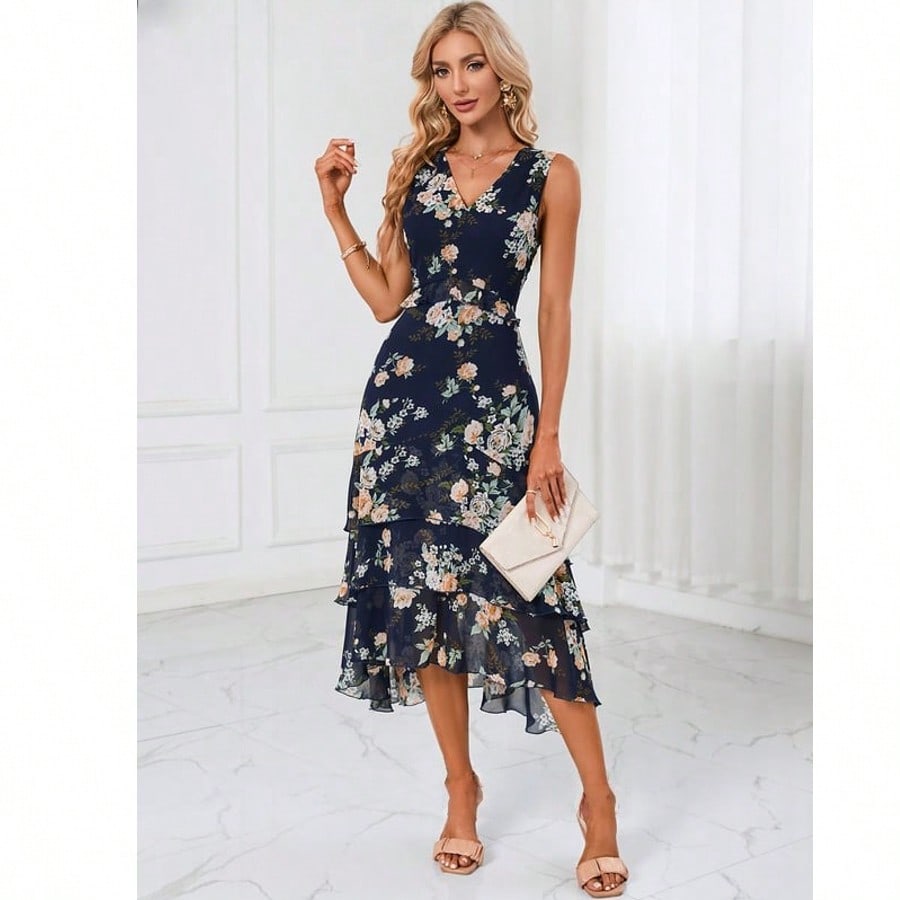 Cascading Ruffles Floral Print V-Neck A-Line Chiffon Midi Dress