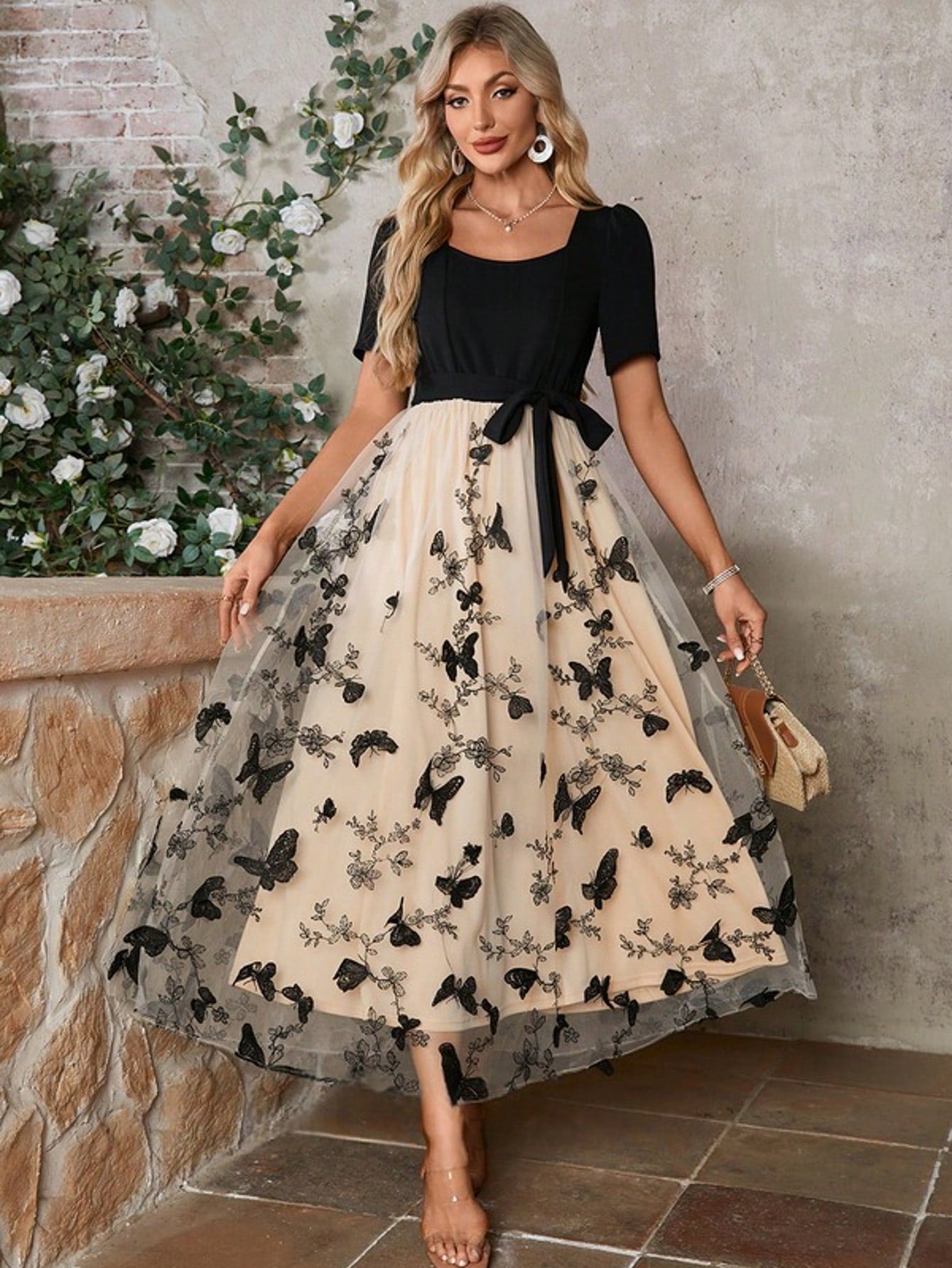 Black And White Embroidered Scoop Short Sleeve A-Line Stretch Crepe Lace Midi Dress