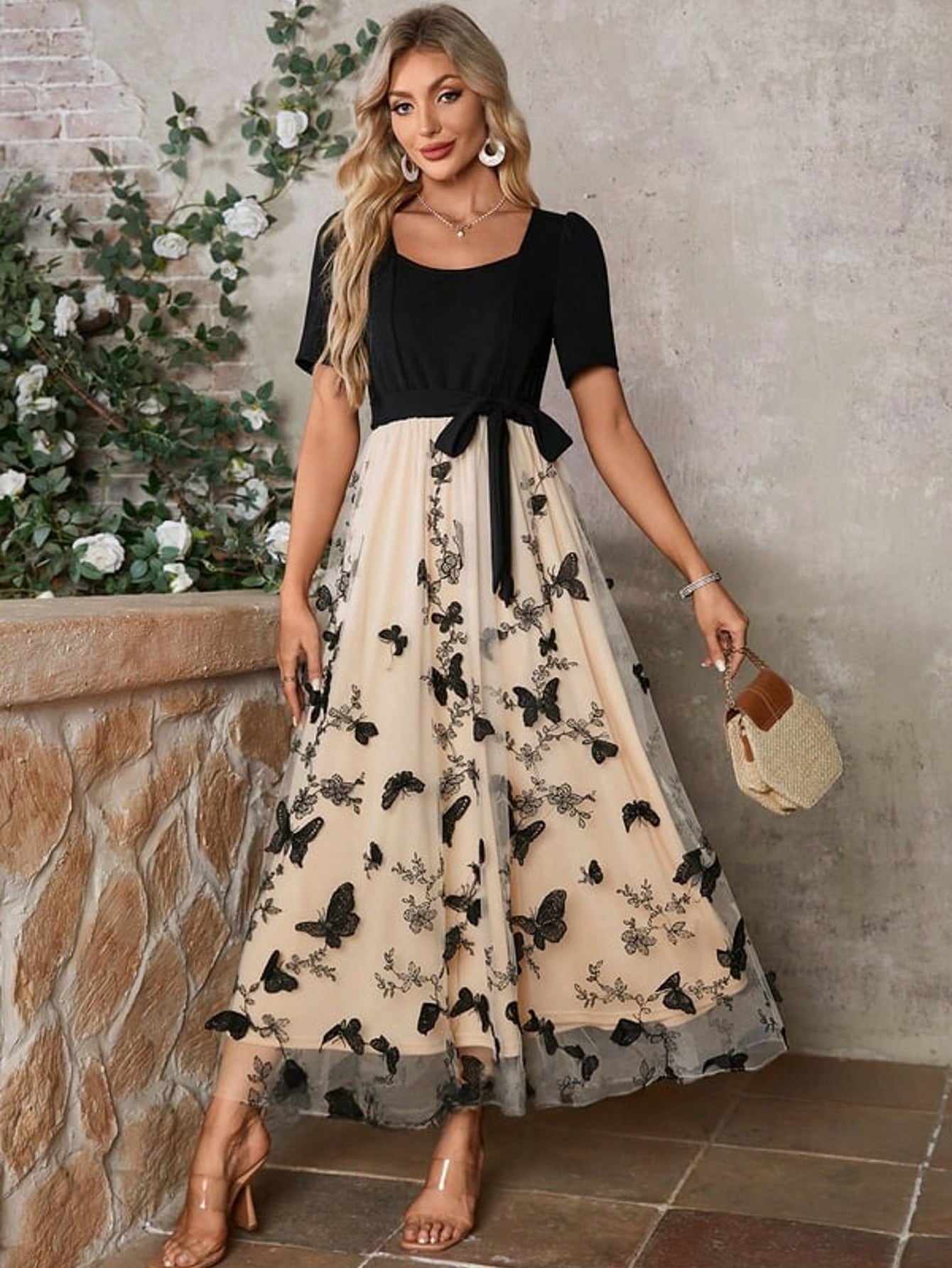 Black And White Embroidered Scoop Short Sleeve A-Line Stretch Crepe Lace Midi Dress