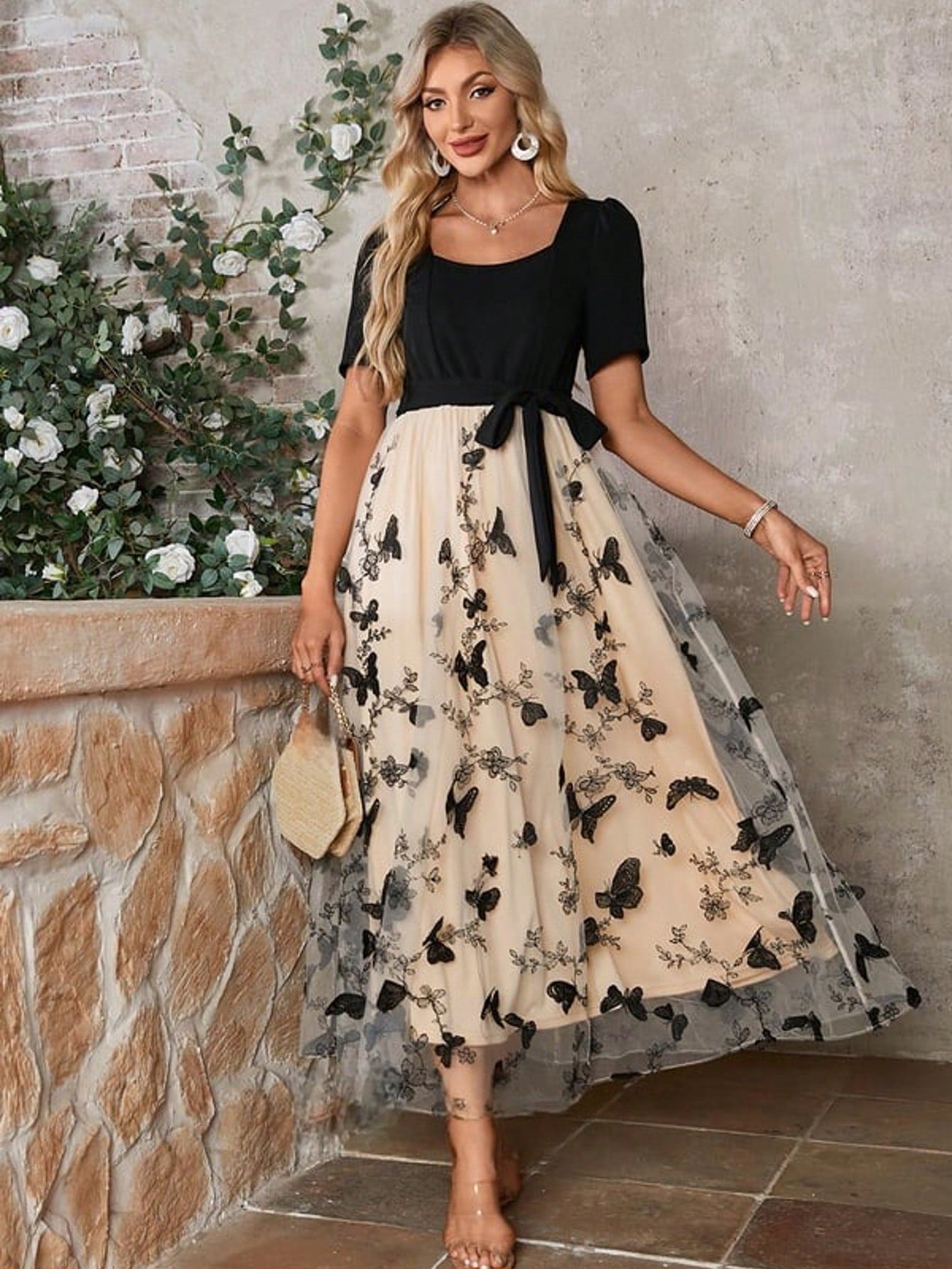 Black And White Embroidered Scoop Short Sleeve A-Line Stretch Crepe Lace Midi Dress