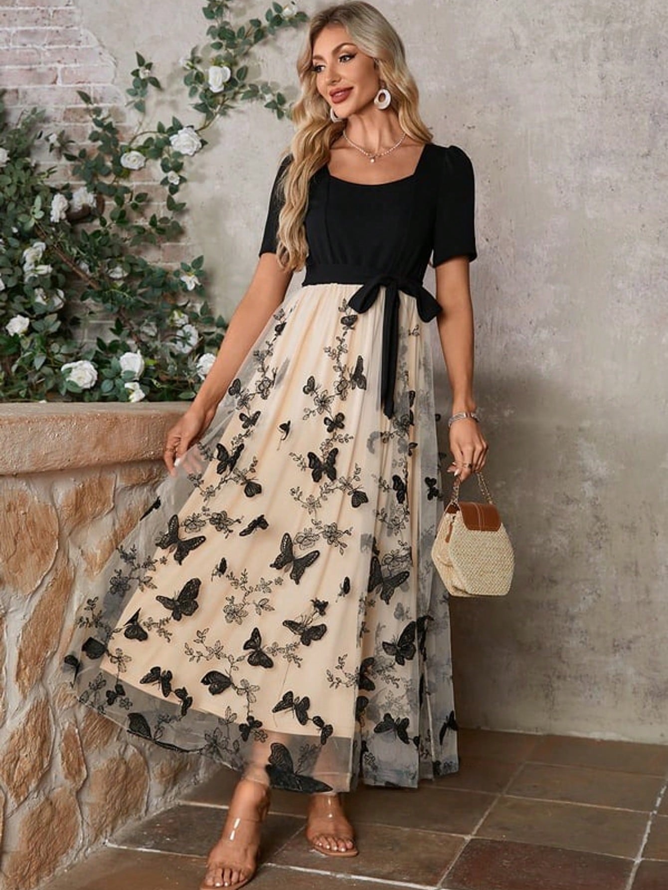Black And White Embroidered Scoop Short Sleeve A-Line Stretch Crepe Lace Midi Dress