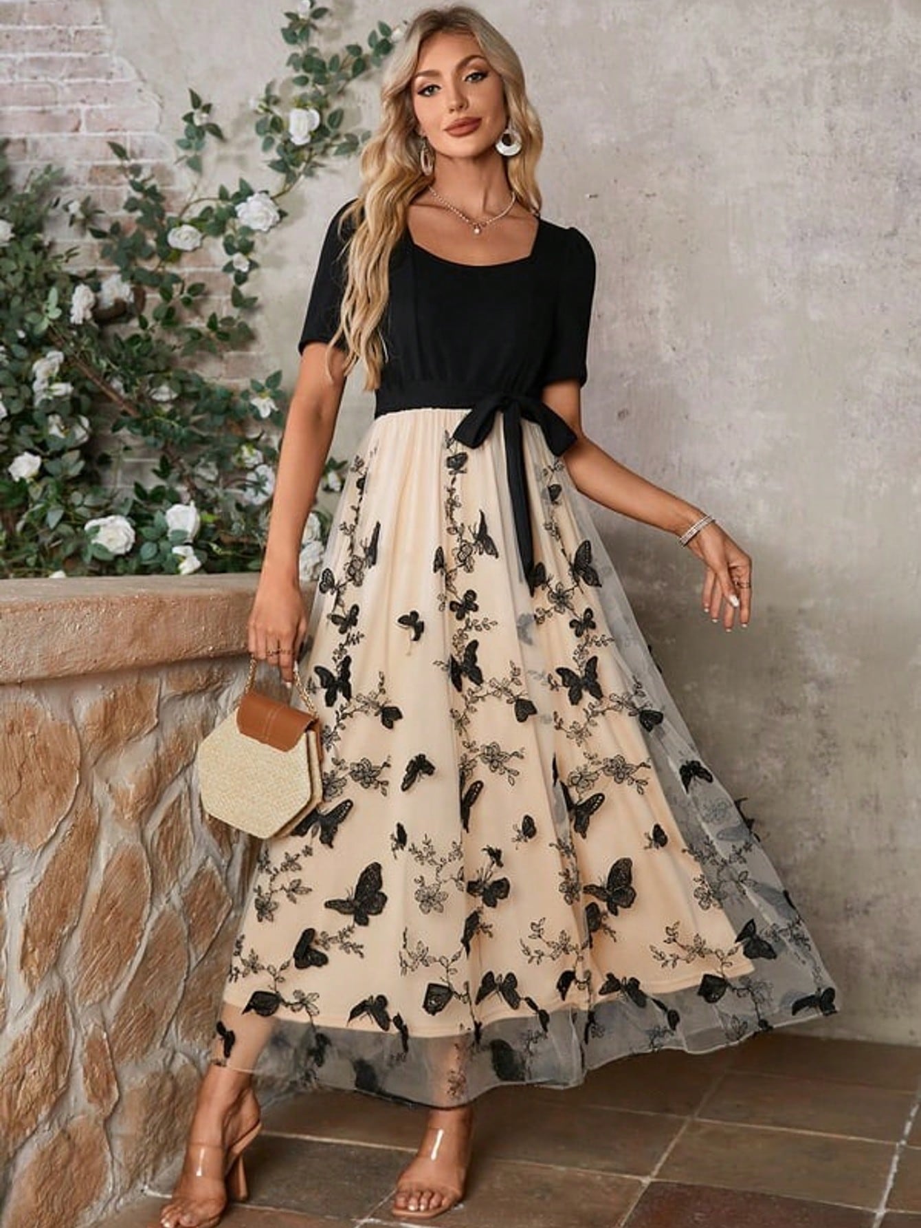 Black And White Embroidered Scoop Short Sleeve A-Line Stretch Crepe Lace Midi Dress
