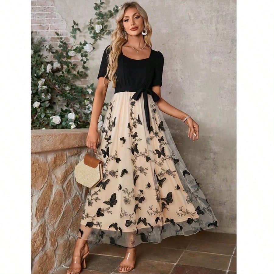 Black And White Embroidered Scoop Short Sleeve A-Line Stretch Crepe Lace Midi Dress