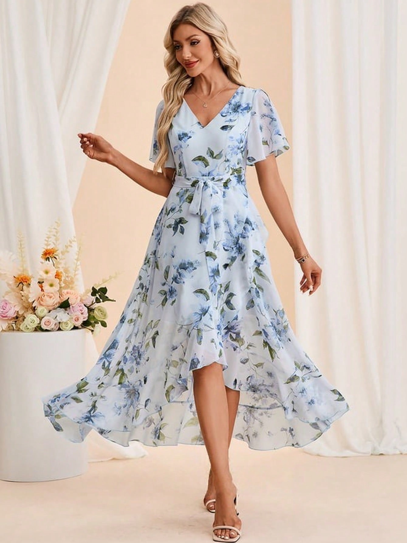 Floral Print V-Neck Short Sleeve A-Line Chiffon Asymmetrical Maxi Dress