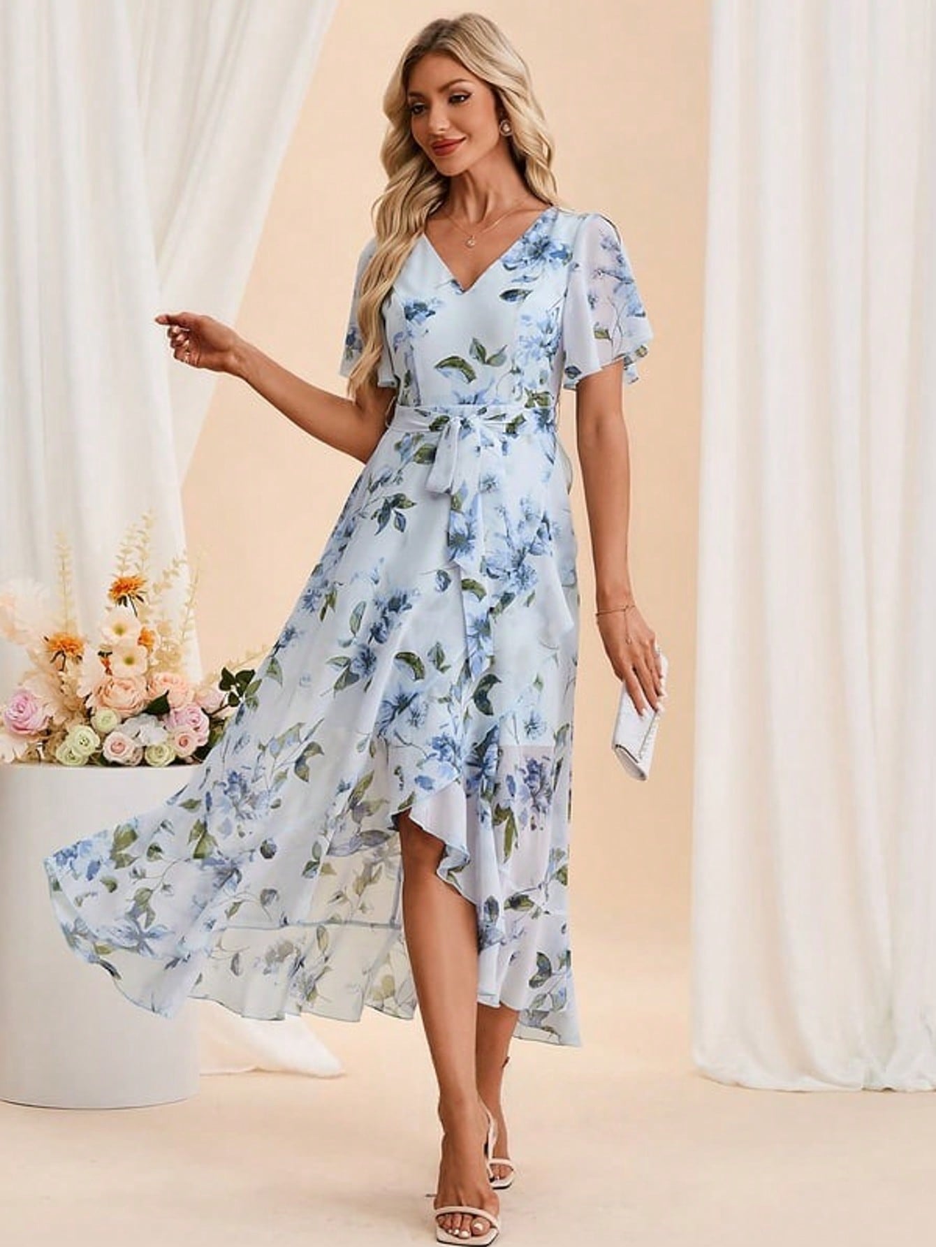 Floral Print V-Neck Short Sleeve A-Line Chiffon Asymmetrical Maxi Dress