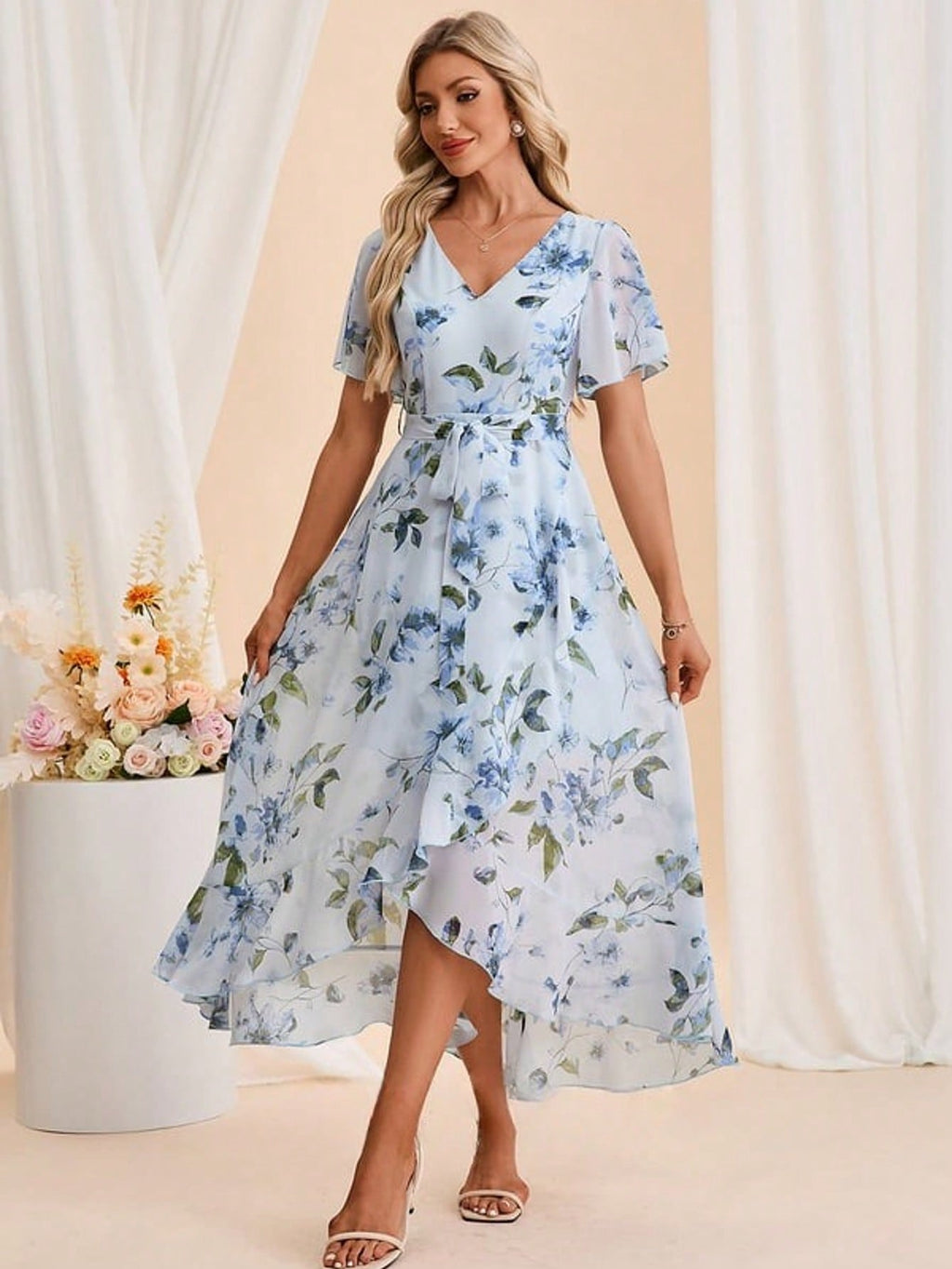 Floral Print V-Neck Short Sleeve A-Line Chiffon Asymmetrical Maxi Dress