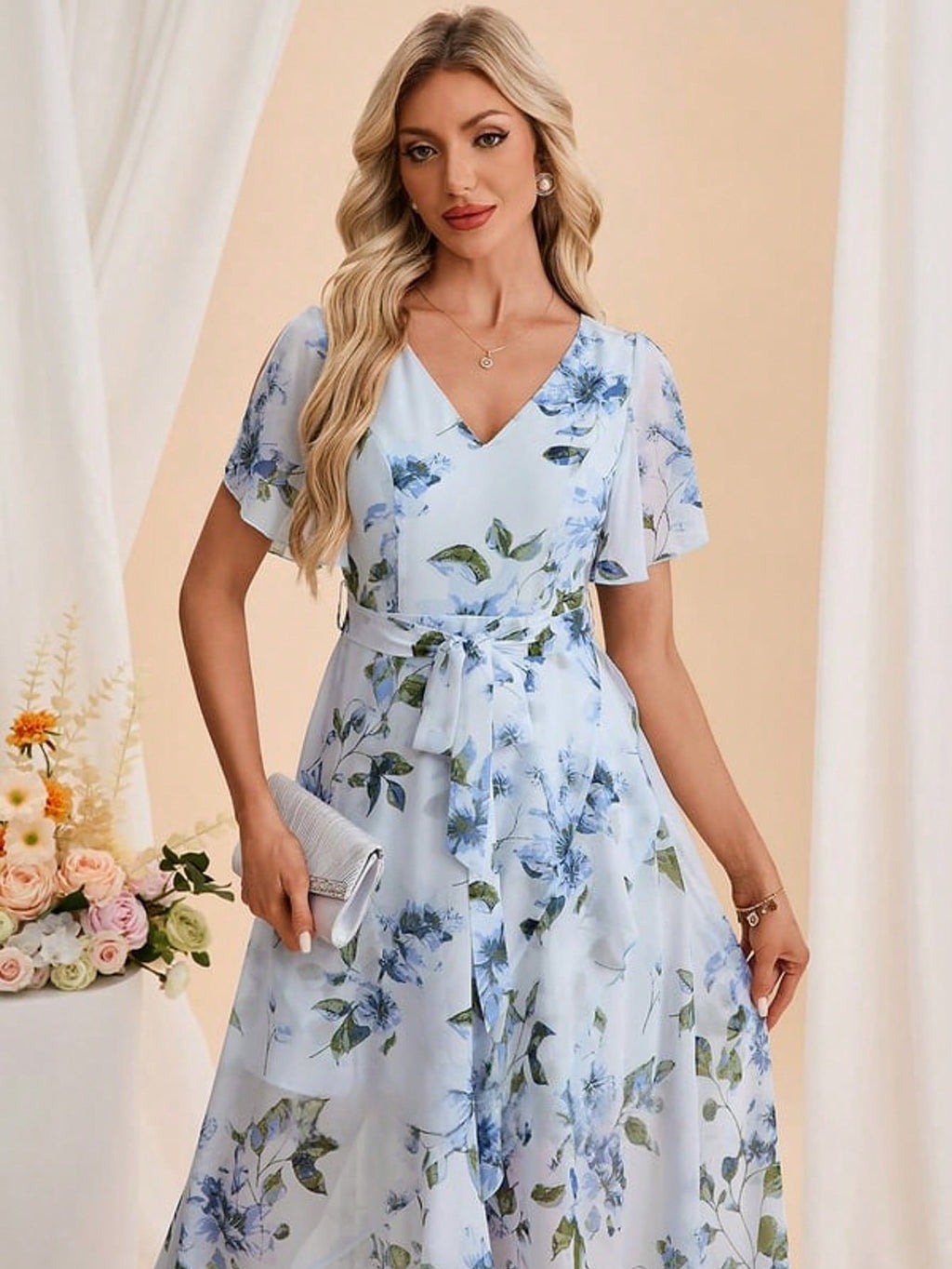 Floral Print V-Neck Short Sleeve A-Line Chiffon Asymmetrical Maxi Dress