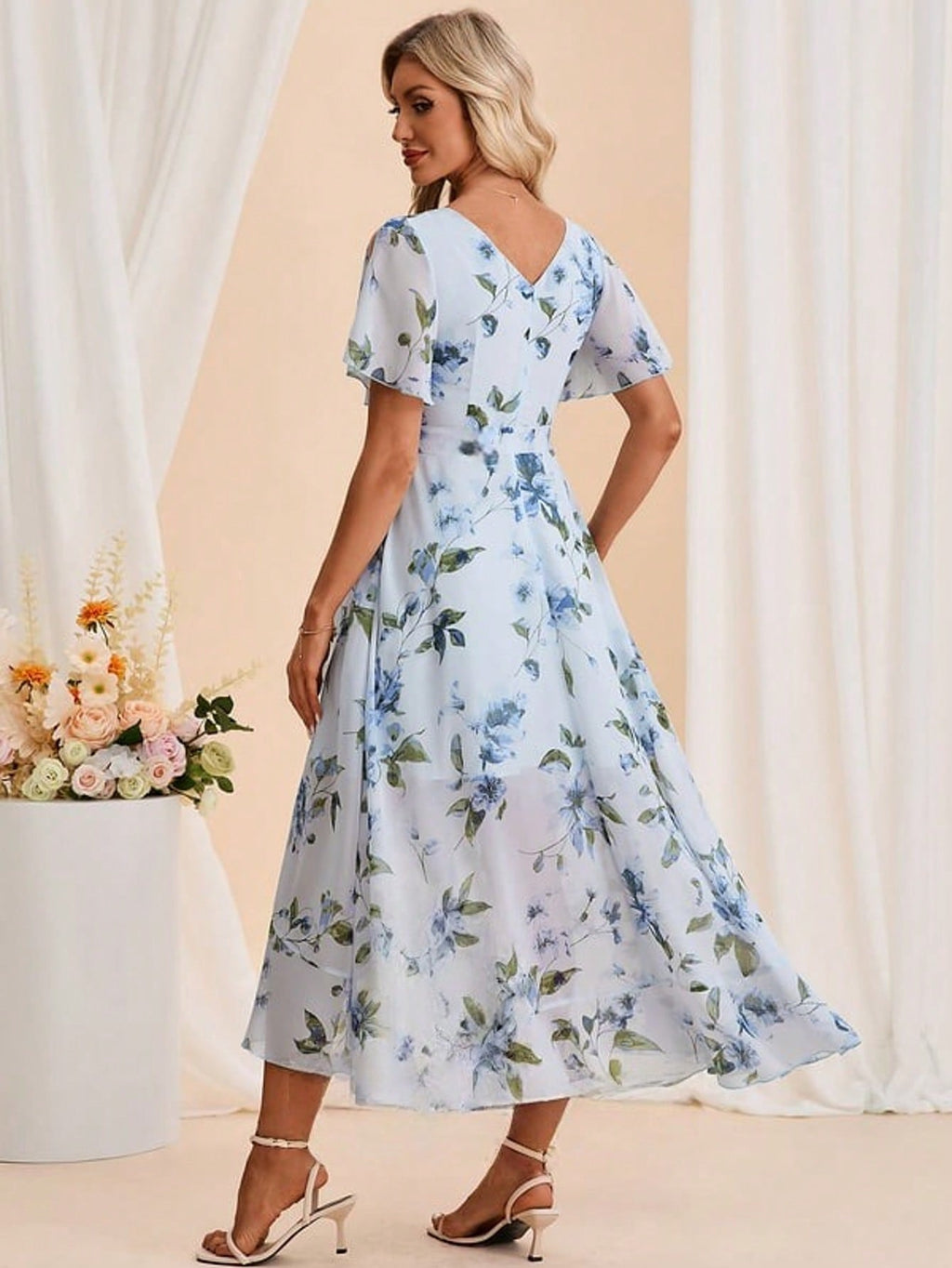 Floral Print V-Neck Short Sleeve A-Line Chiffon Asymmetrical Maxi Dress