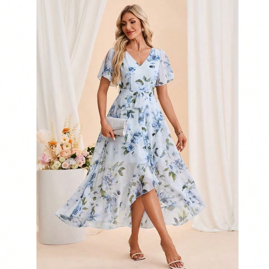 Floral Print V-Neck Short Sleeve A-Line Chiffon Asymmetrical Maxi Dress