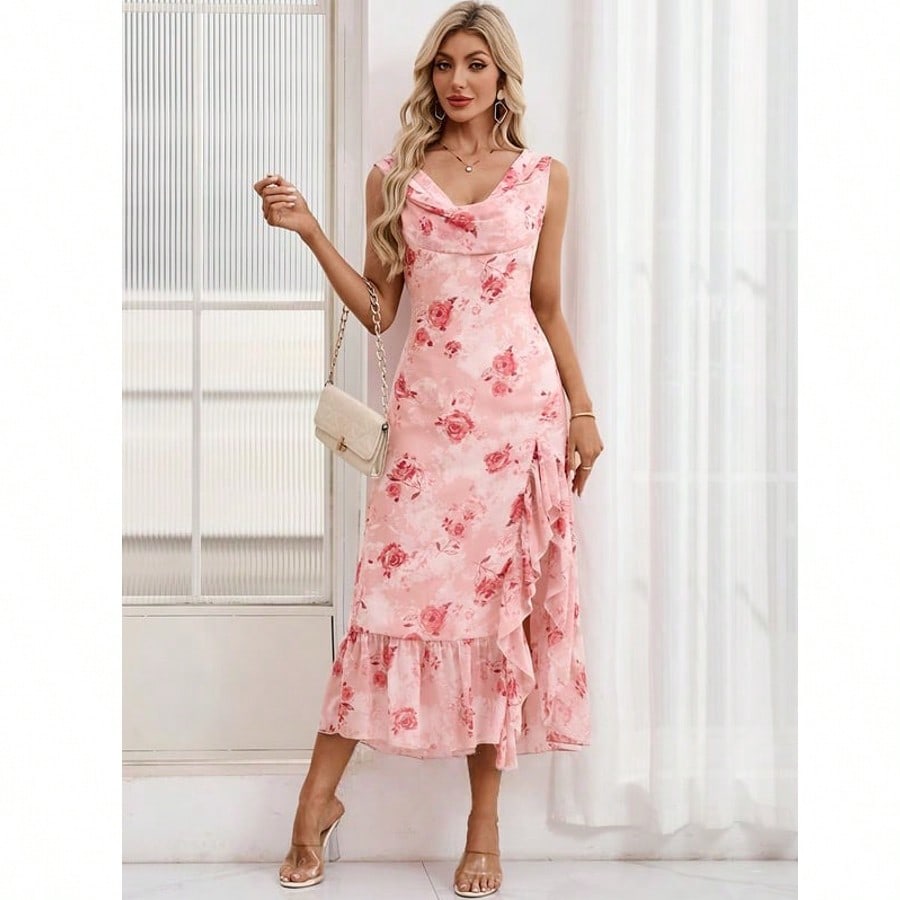 Ruffle Floral Print Cowl Sleeveless A-Line Chiffon Asymmetrical Maxi Dress