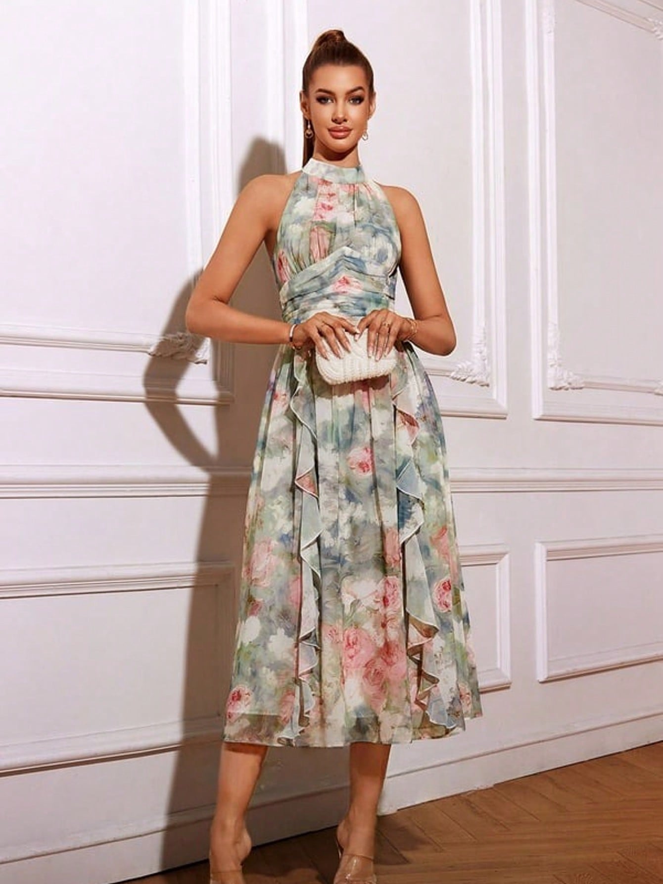 A-Line Halter Tea-Length Chiffon Cocktail Dress With Floral Print Ruffle